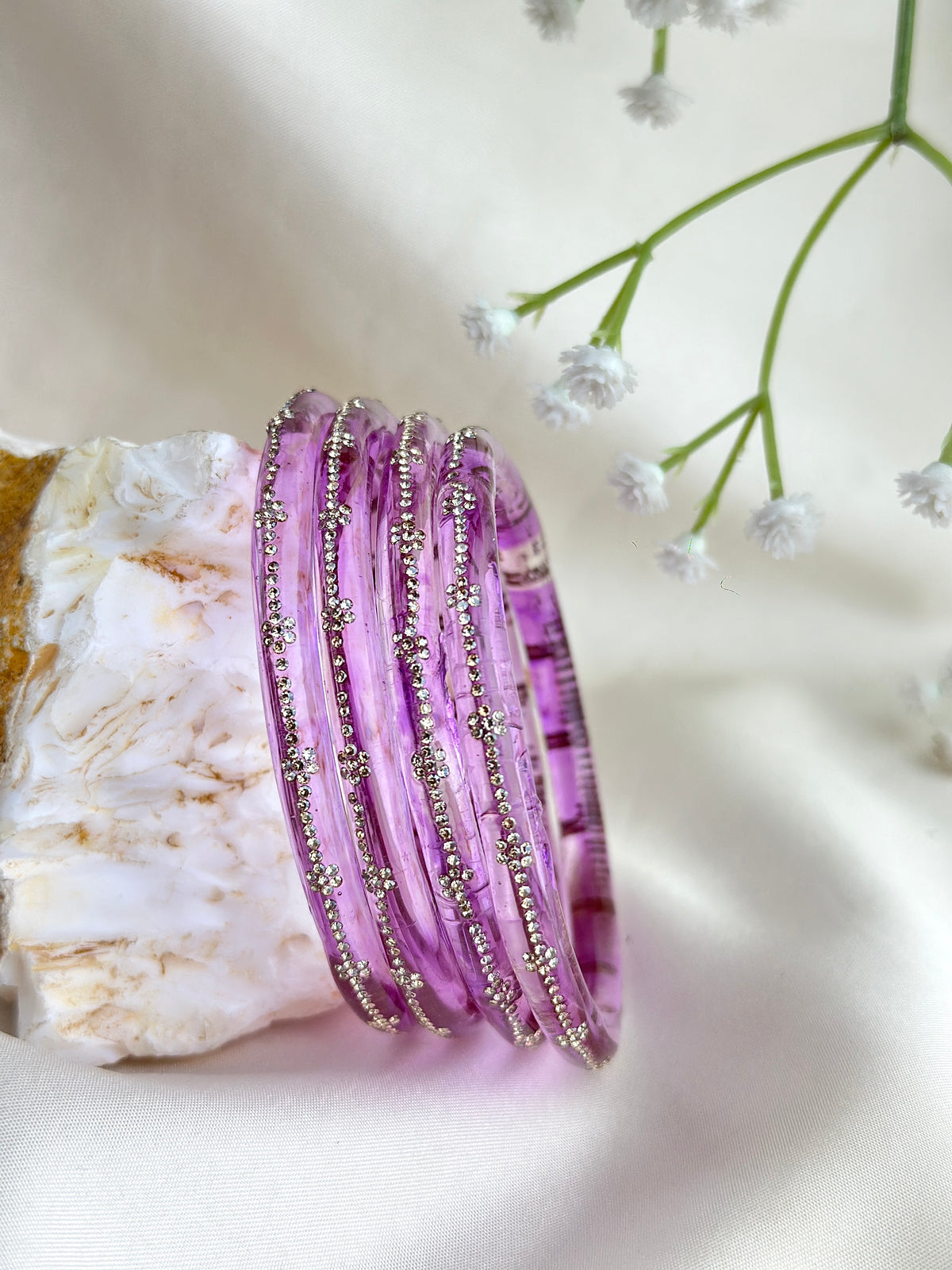 Glass Bangle Set with Crystal Stone Work | Textured Striped Glass Bangles