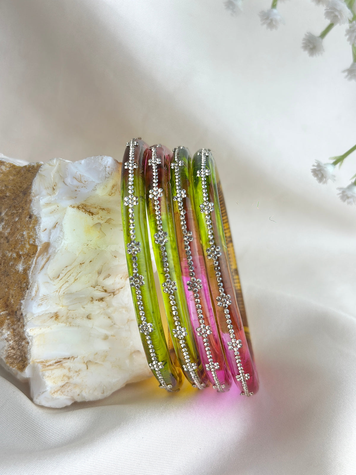 Glass Bangle Set with Crystal Stone Work | Textured Striped Glass Bangles