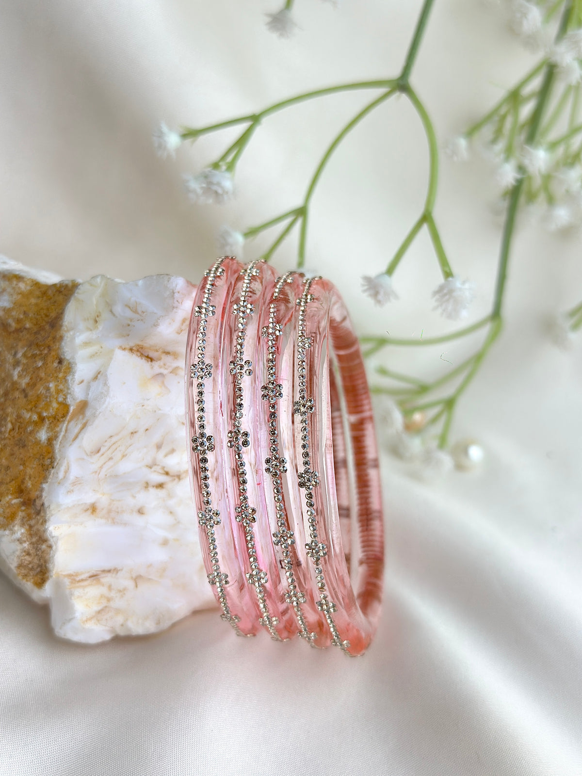 Glass Bangle Set with Crystal Stone Work | Textured Striped Glass Bangles