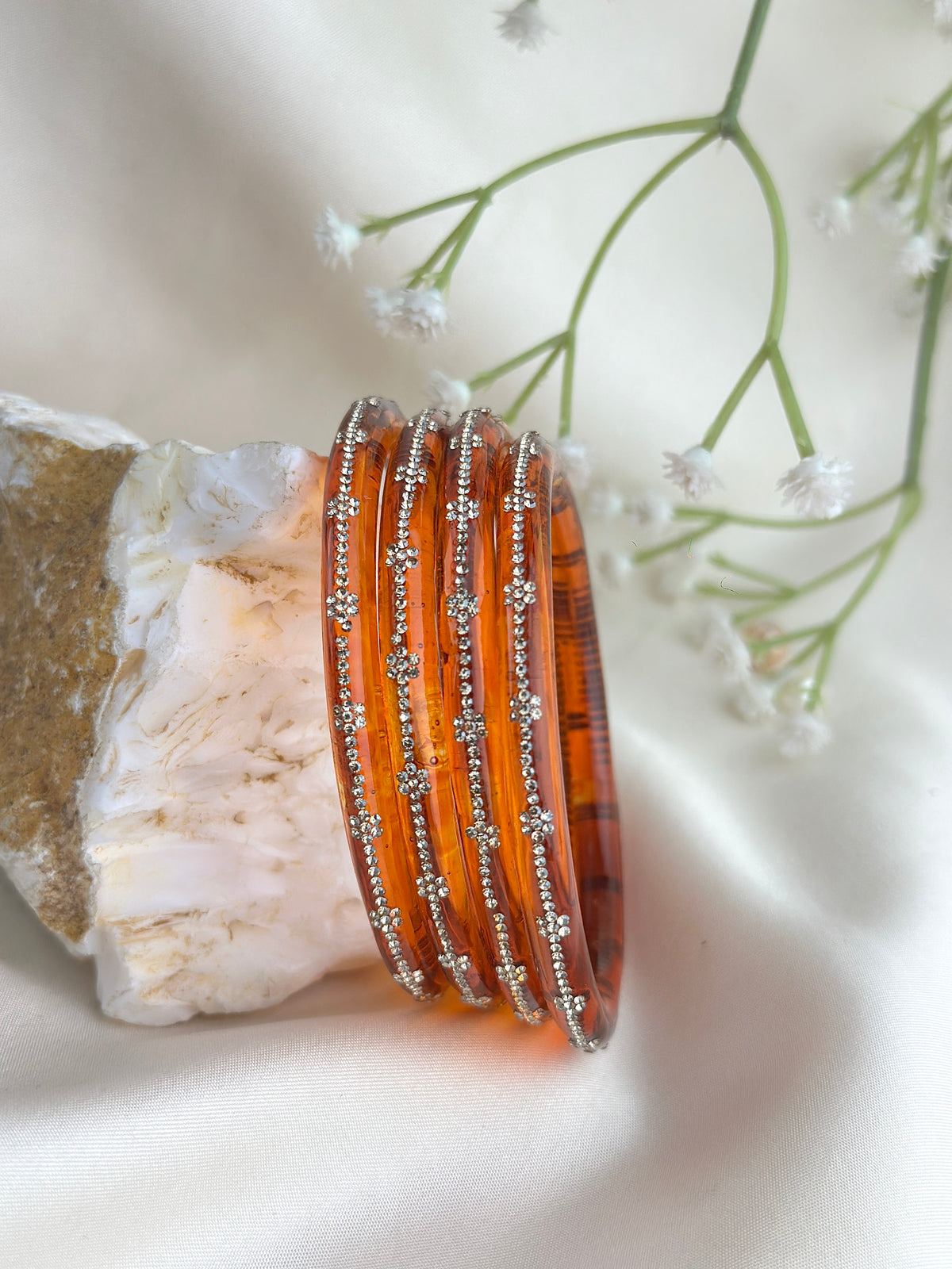 Glass Bangle Set with Crystal Stone Work | Textured Striped Glass Bangles