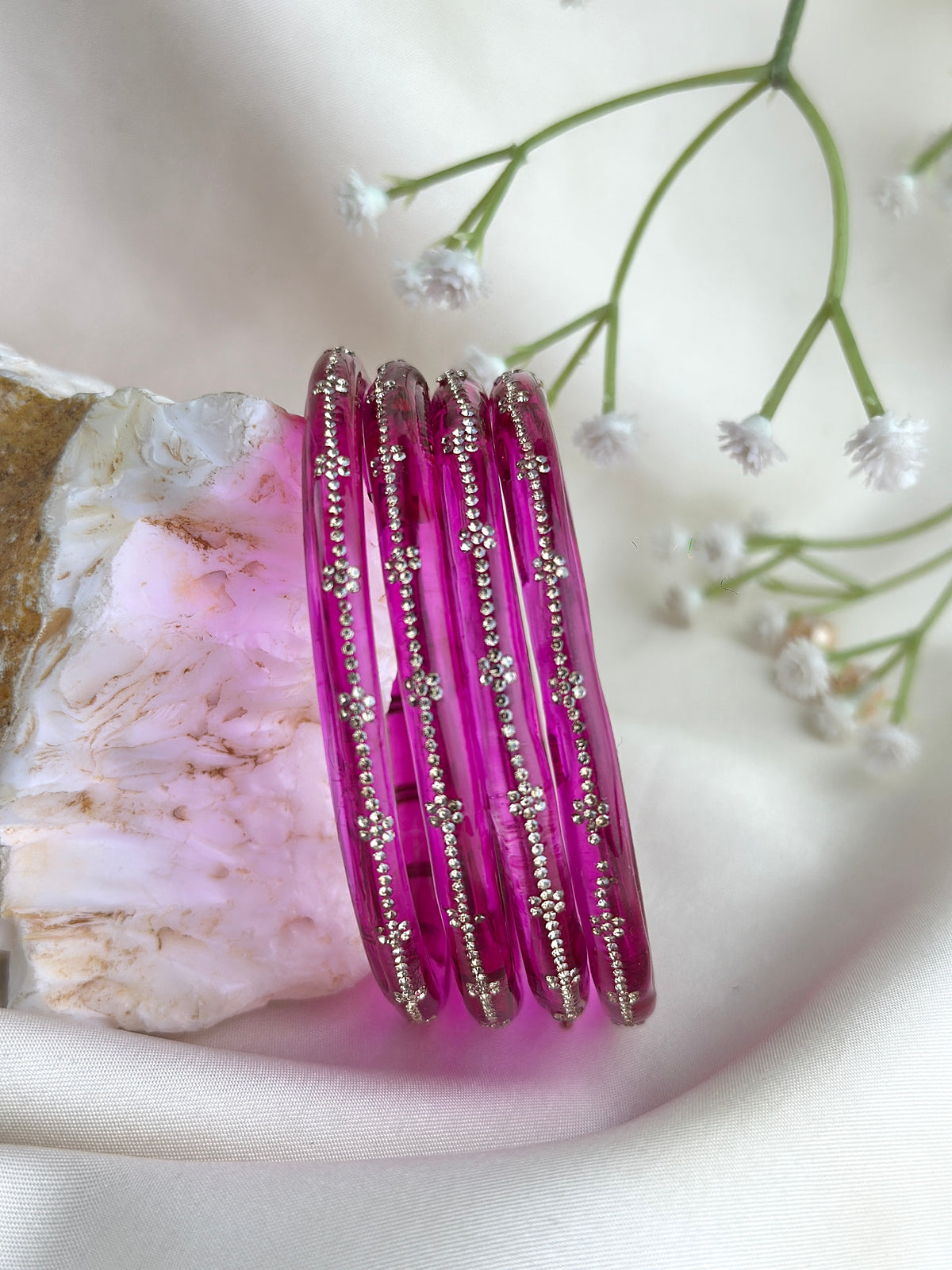 Glass Bangle Set with Crystal Stone Work | Textured Striped Glass Bangles