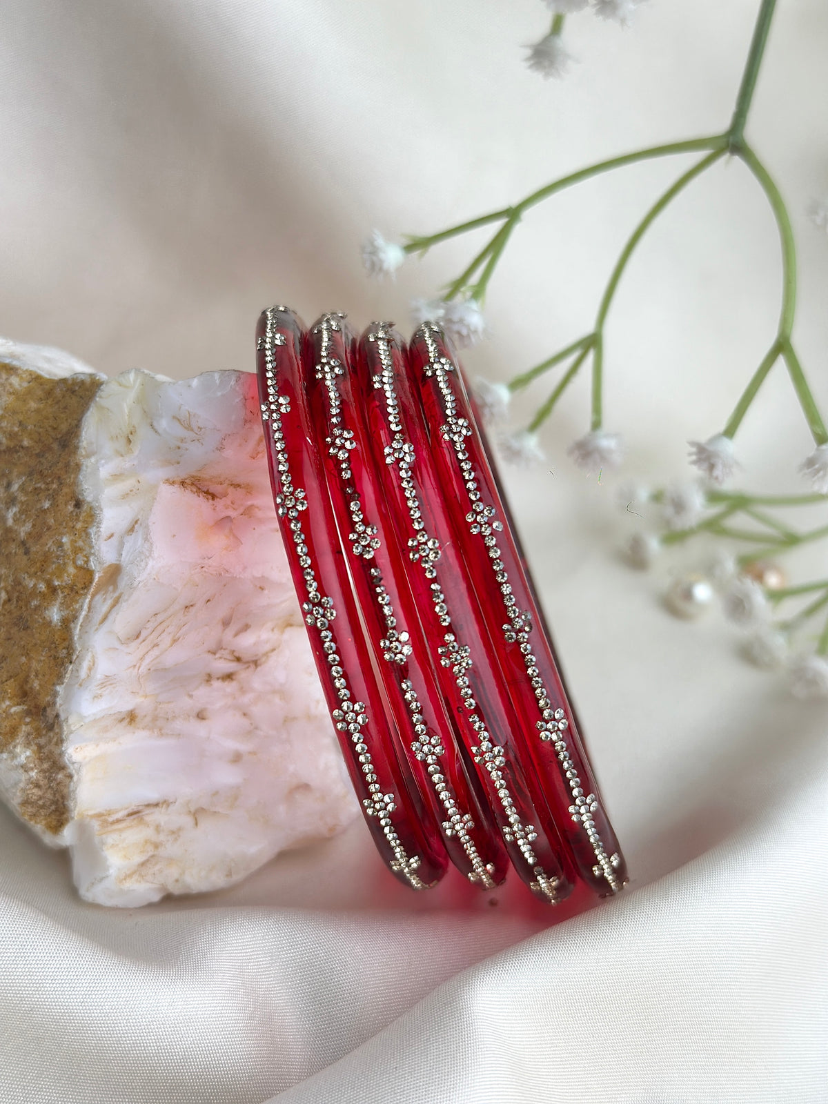 Glass Bangle Set with Crystal Stone Work | Textured Striped Glass Bangles