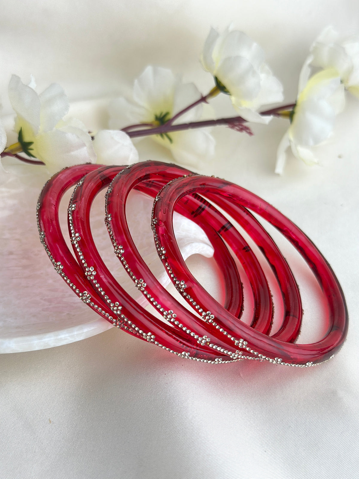 Glass Bangle Set with Crystal Stone Work | Textured Striped Glass Bangles