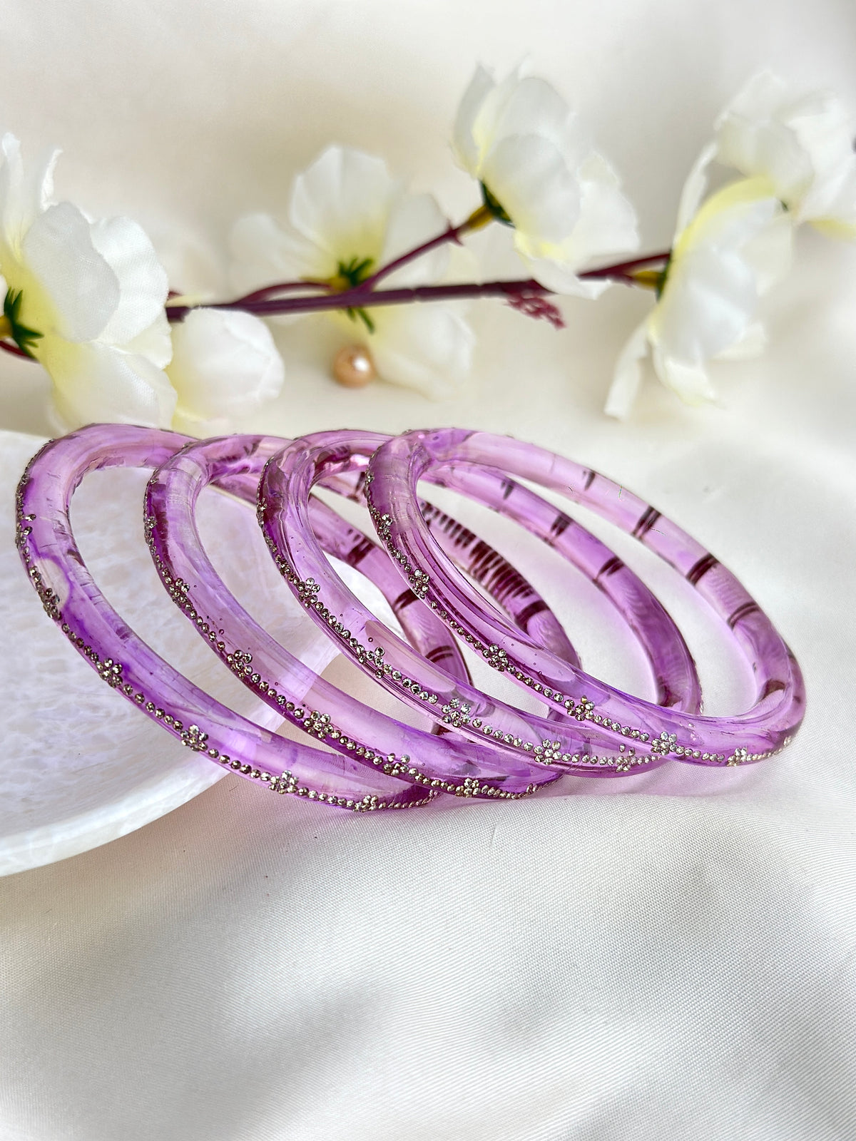 Glass Bangle Set with Crystal Stone Work | Textured Striped Glass Bangles