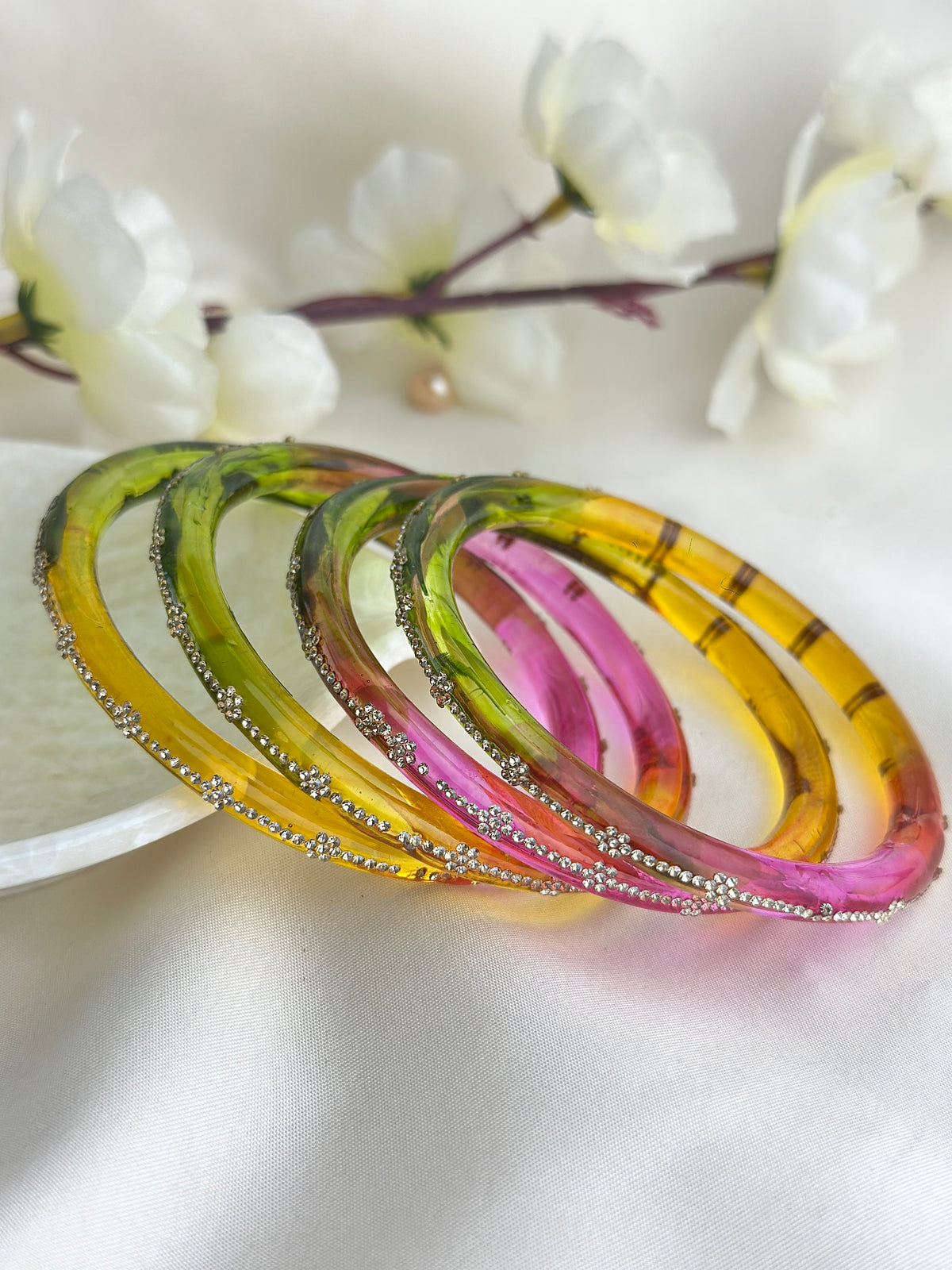 Glass Bangle Set with Crystal Stone Work | Textured Striped Glass Bangles