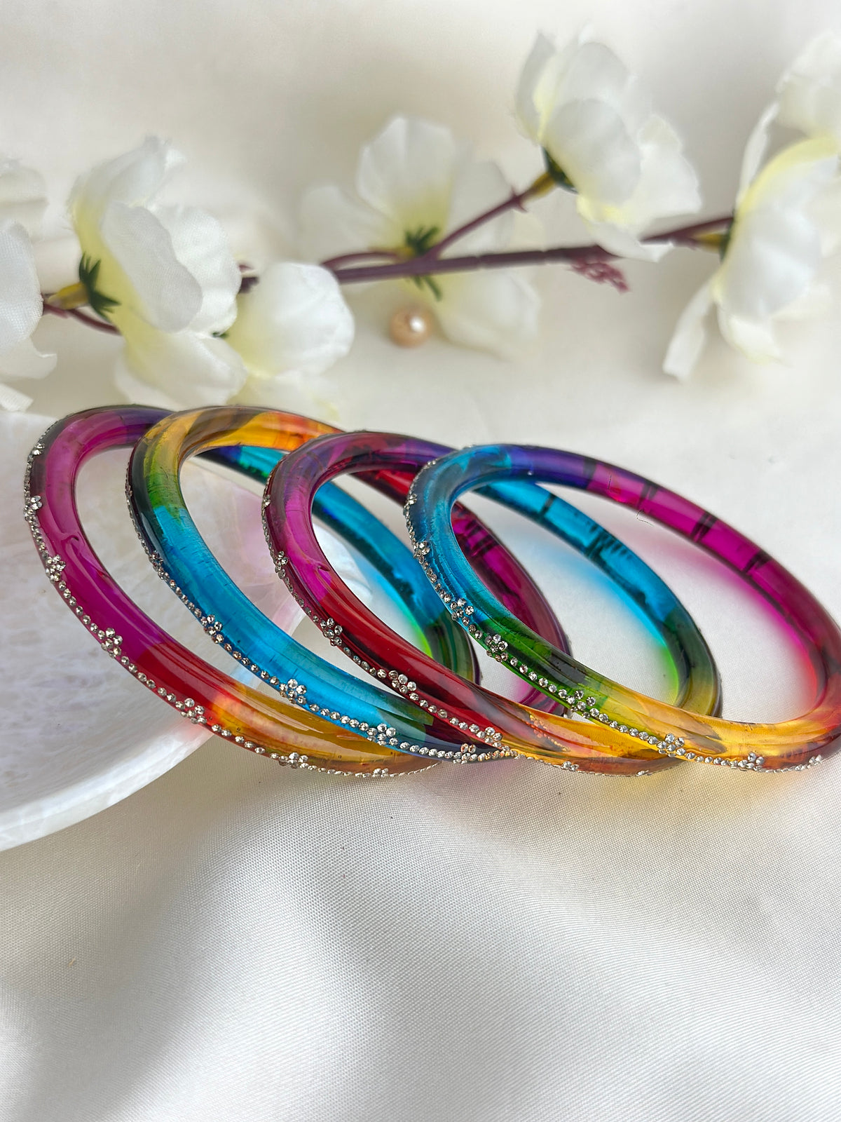 Glass Bangle Set with Crystal Stone Work | Textured Striped Glass Bangles