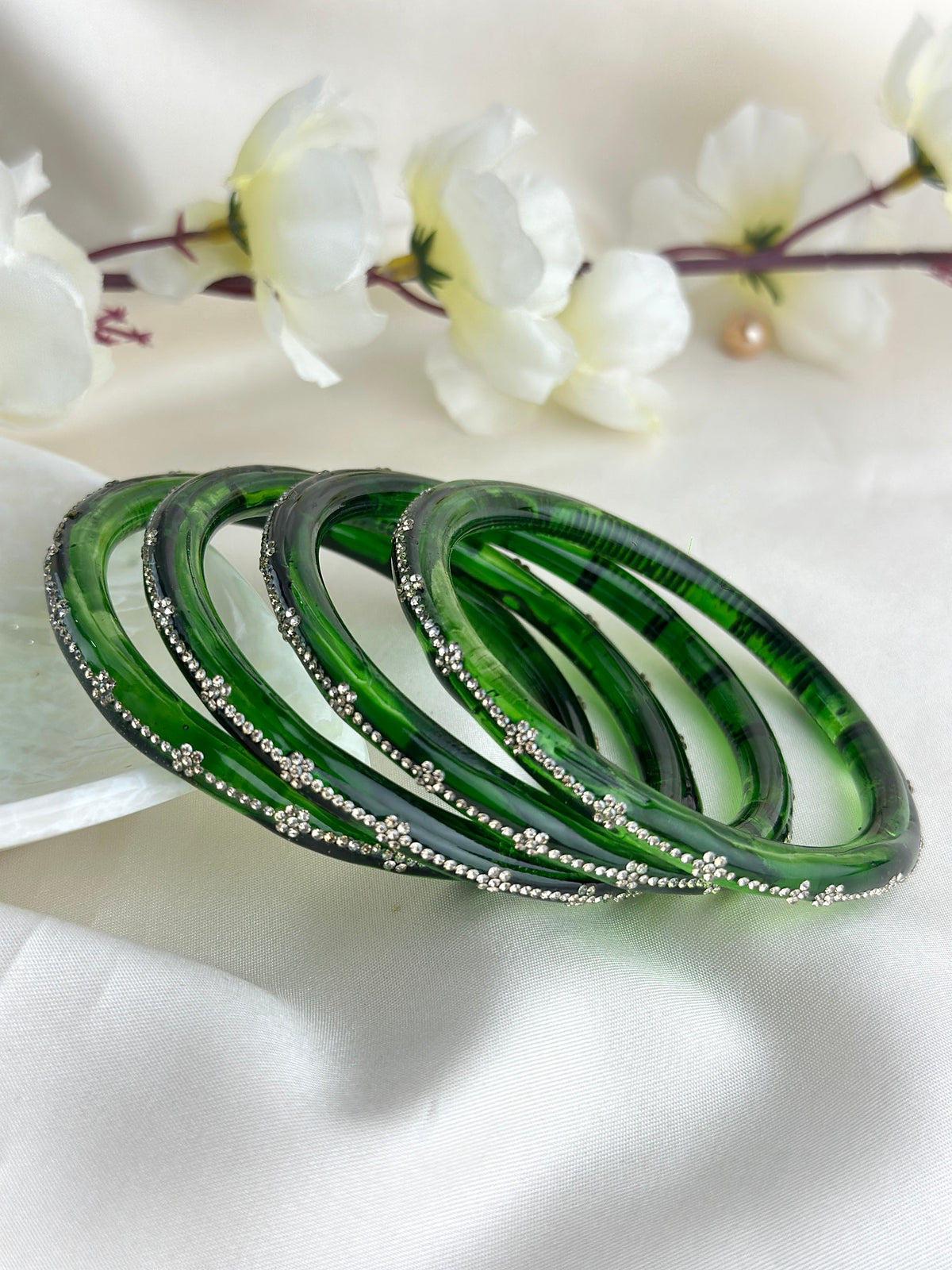 Glass Bangle Set with Crystal Stone Work | Textured Striped Glass Bangles
