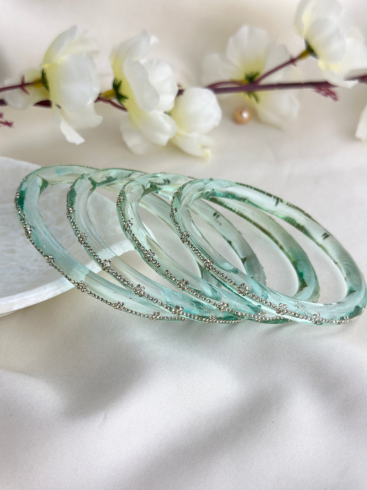 Glass Bangle Set with Crystal Stone Work | Textured Striped Glass Bangles