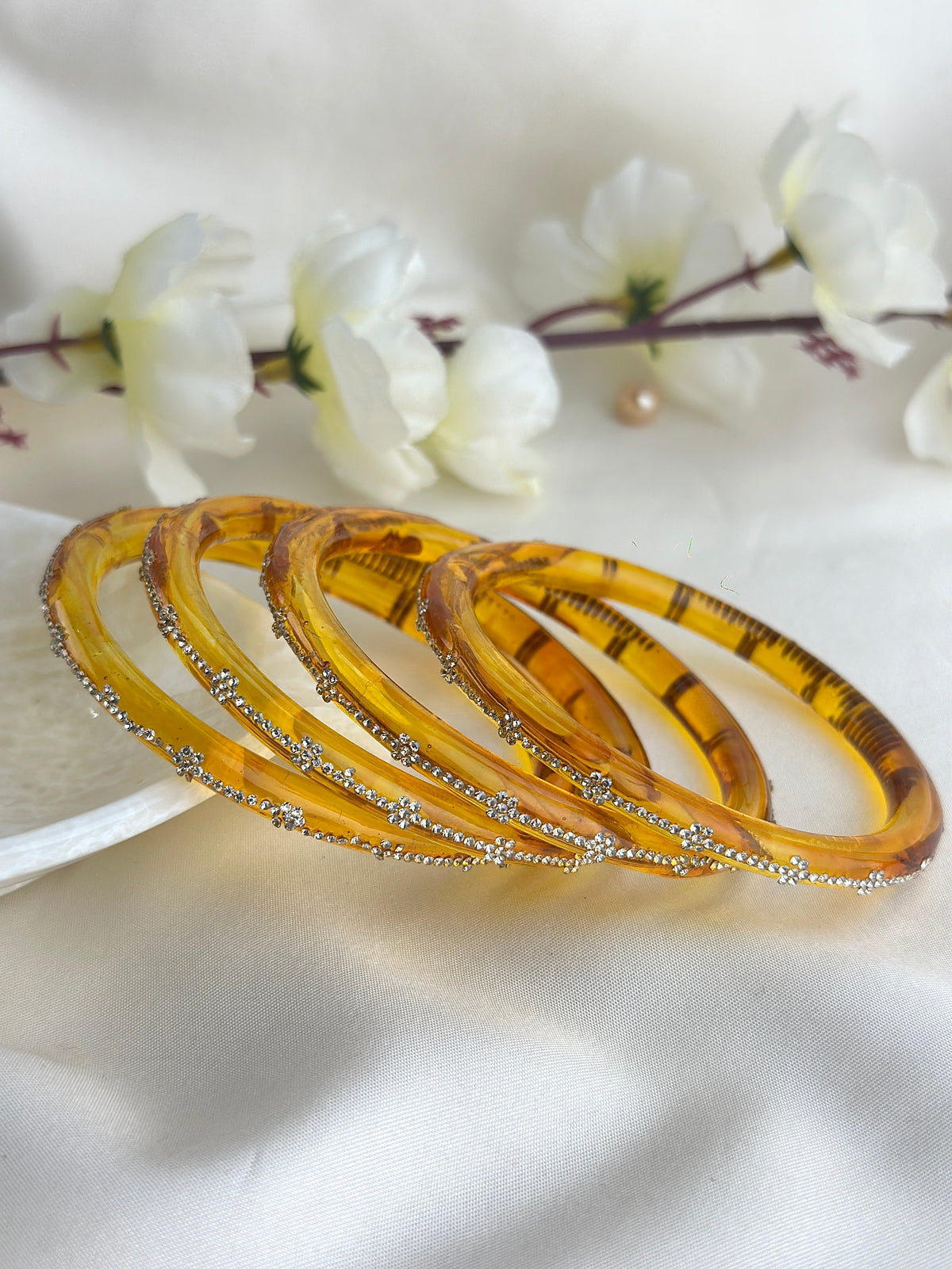Glass Bangle Set with Crystal Stone Work | Textured Striped Glass Bangles