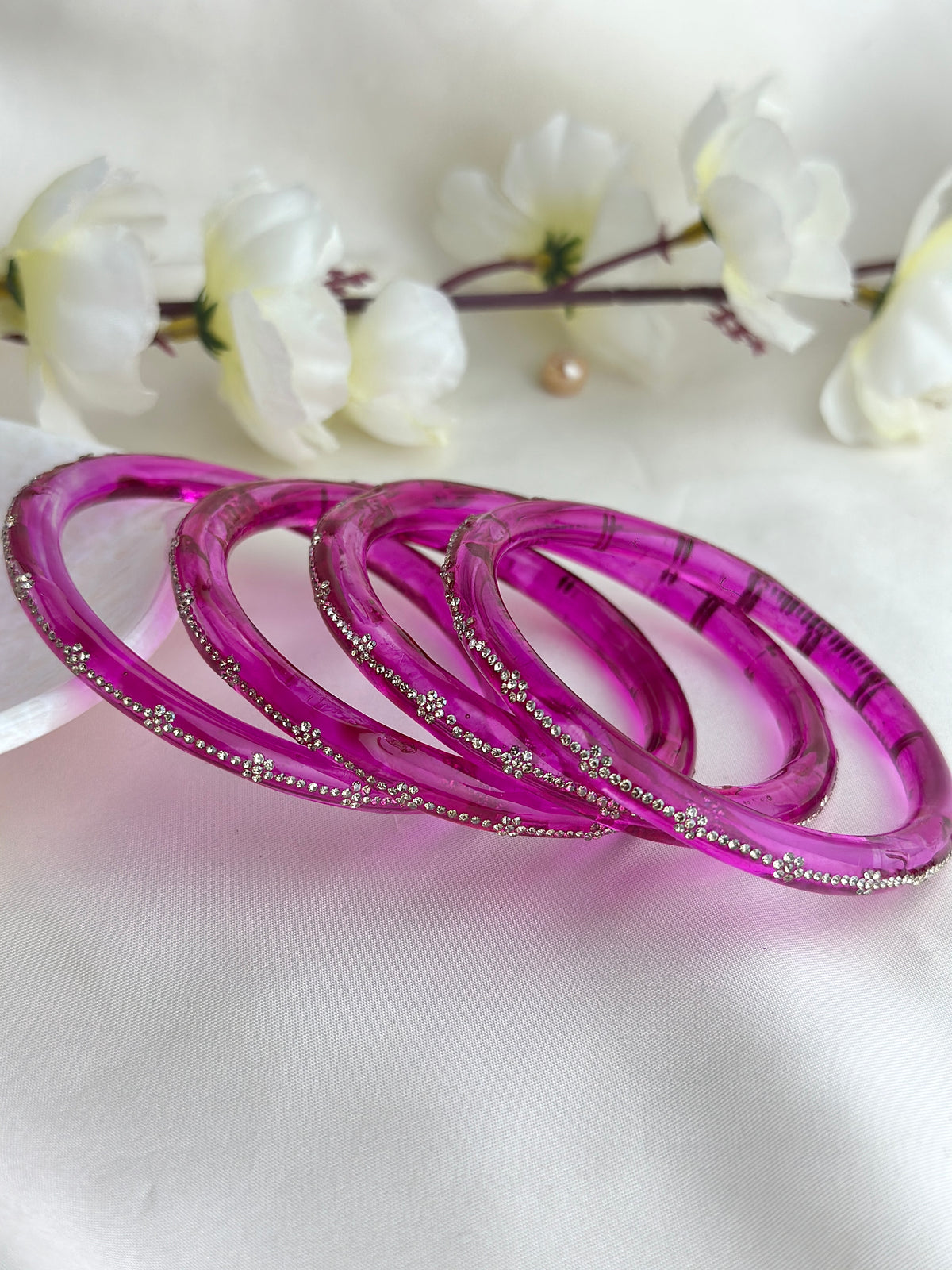 Glass Bangle Set with Crystal Stone Work | Textured Striped Glass Bangles