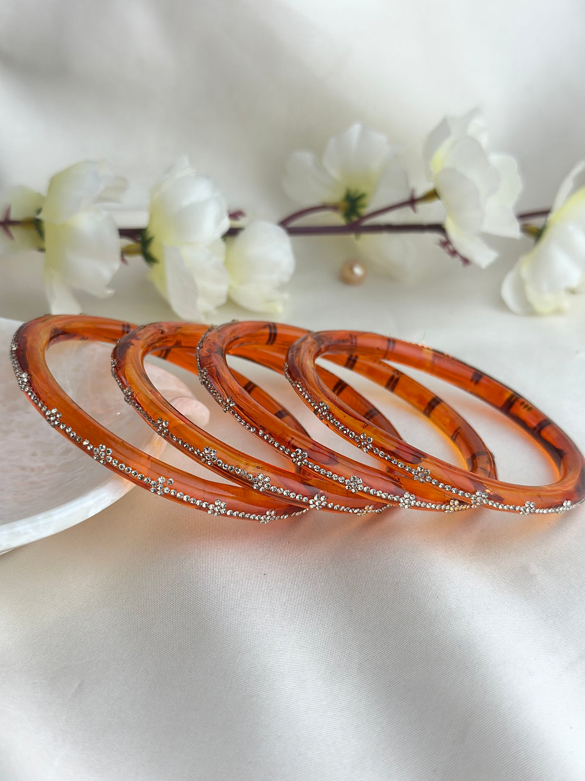 Glass Bangle Set with Crystal Stone Work | Textured Striped Glass Bangles