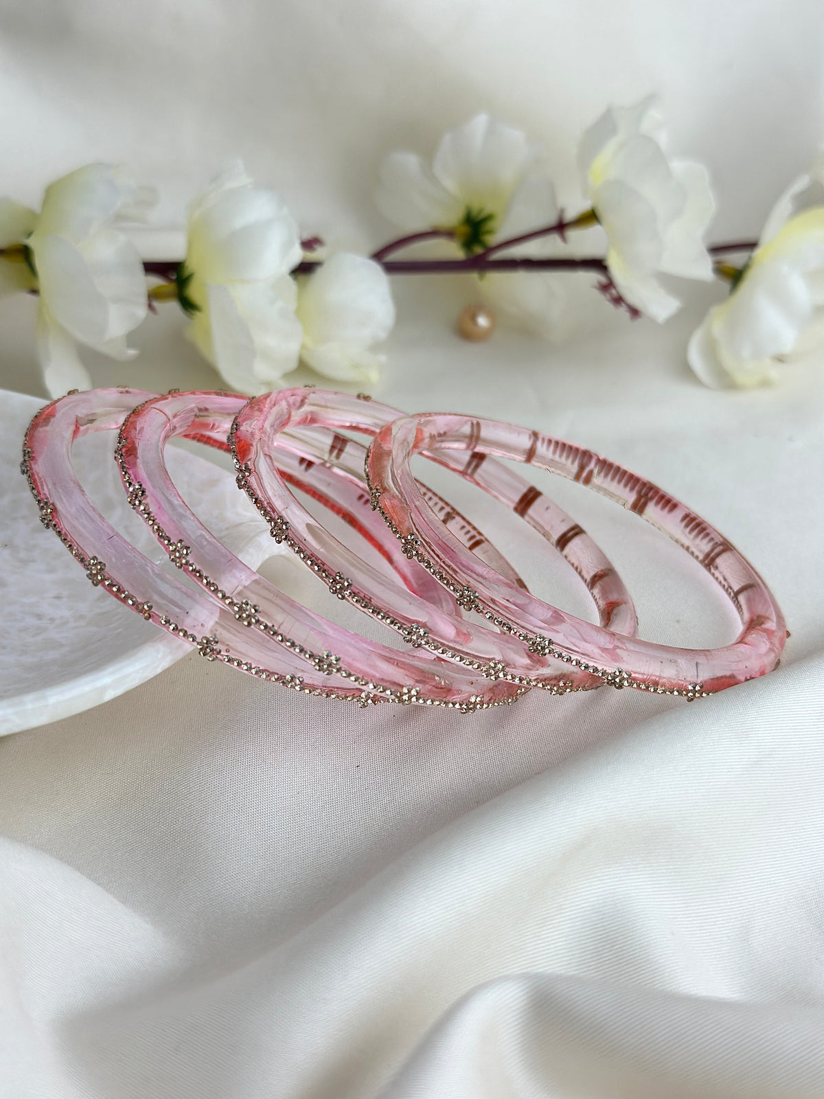 Glass Bangle Set with Crystal Stone Work | Textured Striped Glass Bangles