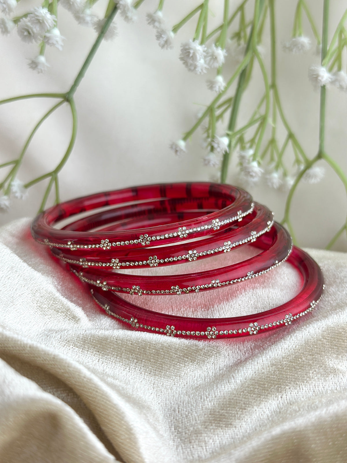 Glass Bangle Set with Crystal Stone Work | Textured Striped Glass Bangles