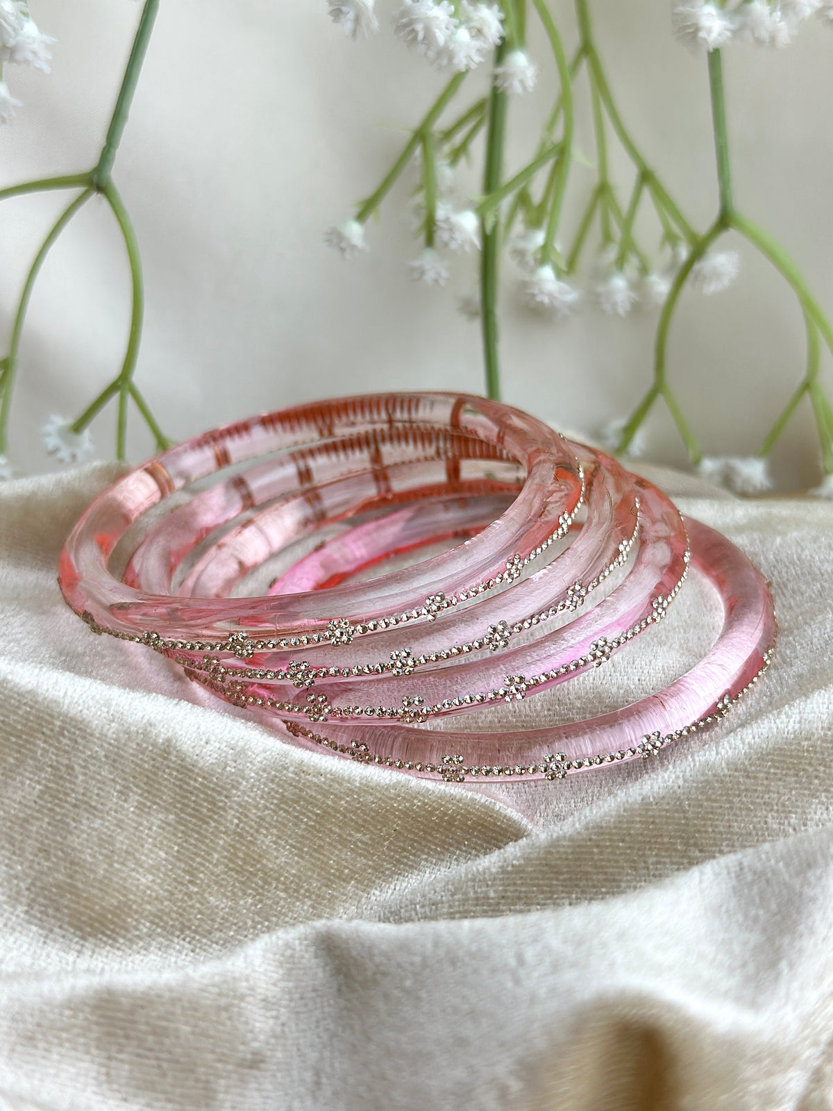 Glass Bangle Set with Crystal Stone Work | Textured Striped Glass Bangles