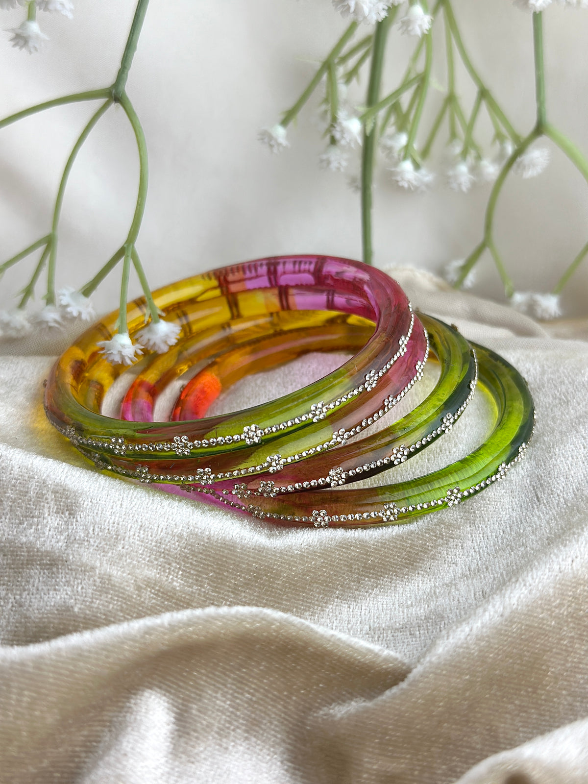 Glass Bangle Set with Crystal Stone Work | Textured Striped Glass Bangles
