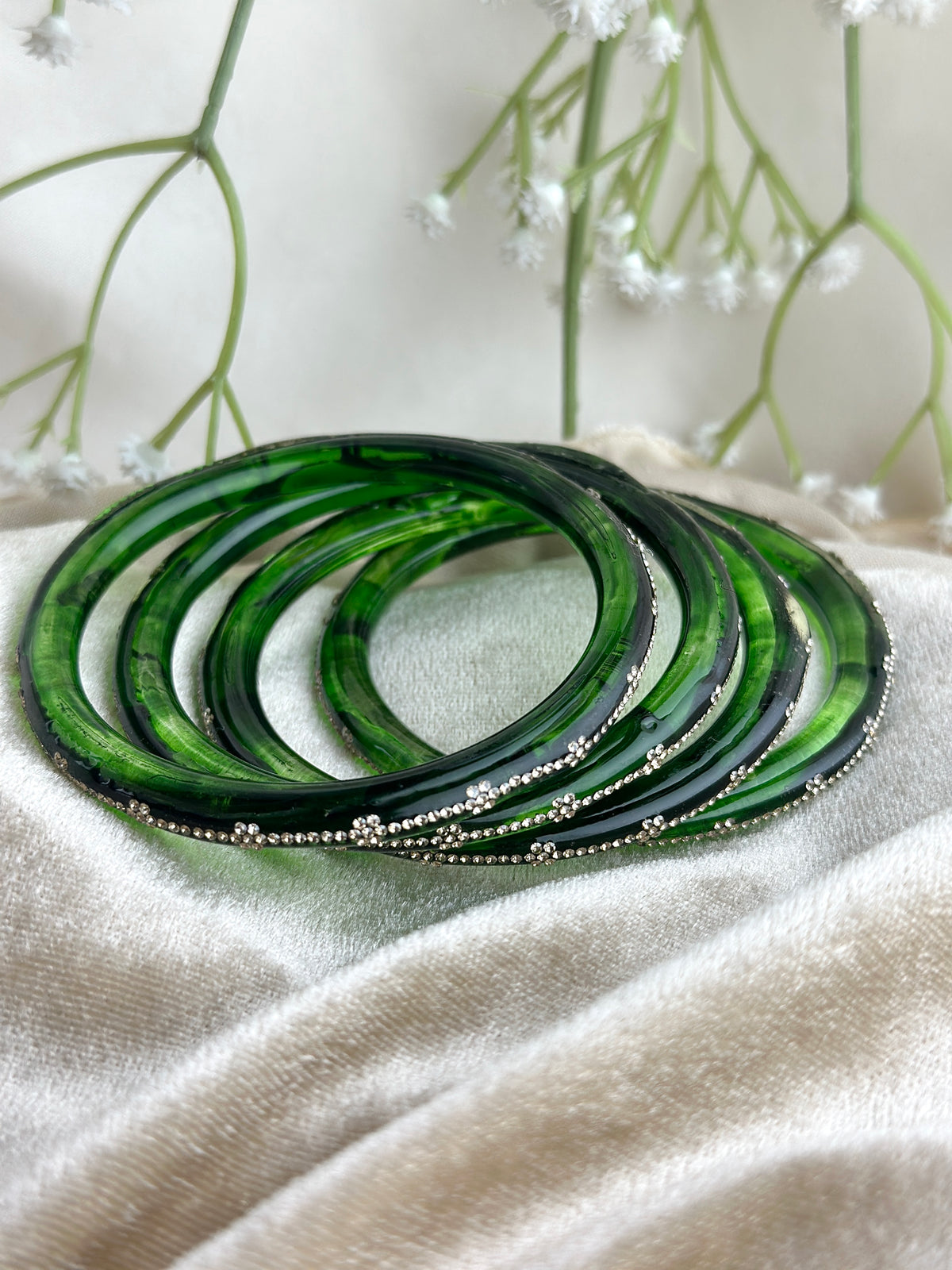 Glass Bangle Set with Crystal Stone Work | Textured Striped Glass Bangles