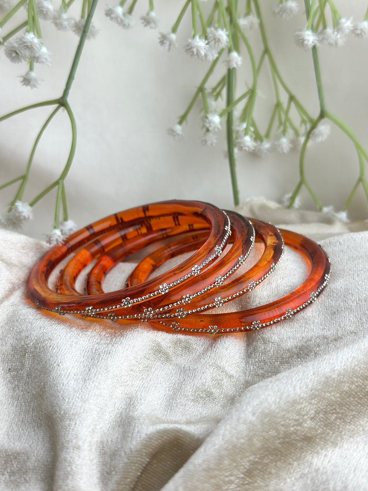 Glass Bangle Set with Crystal Stone Work | Textured Striped Glass Bangles