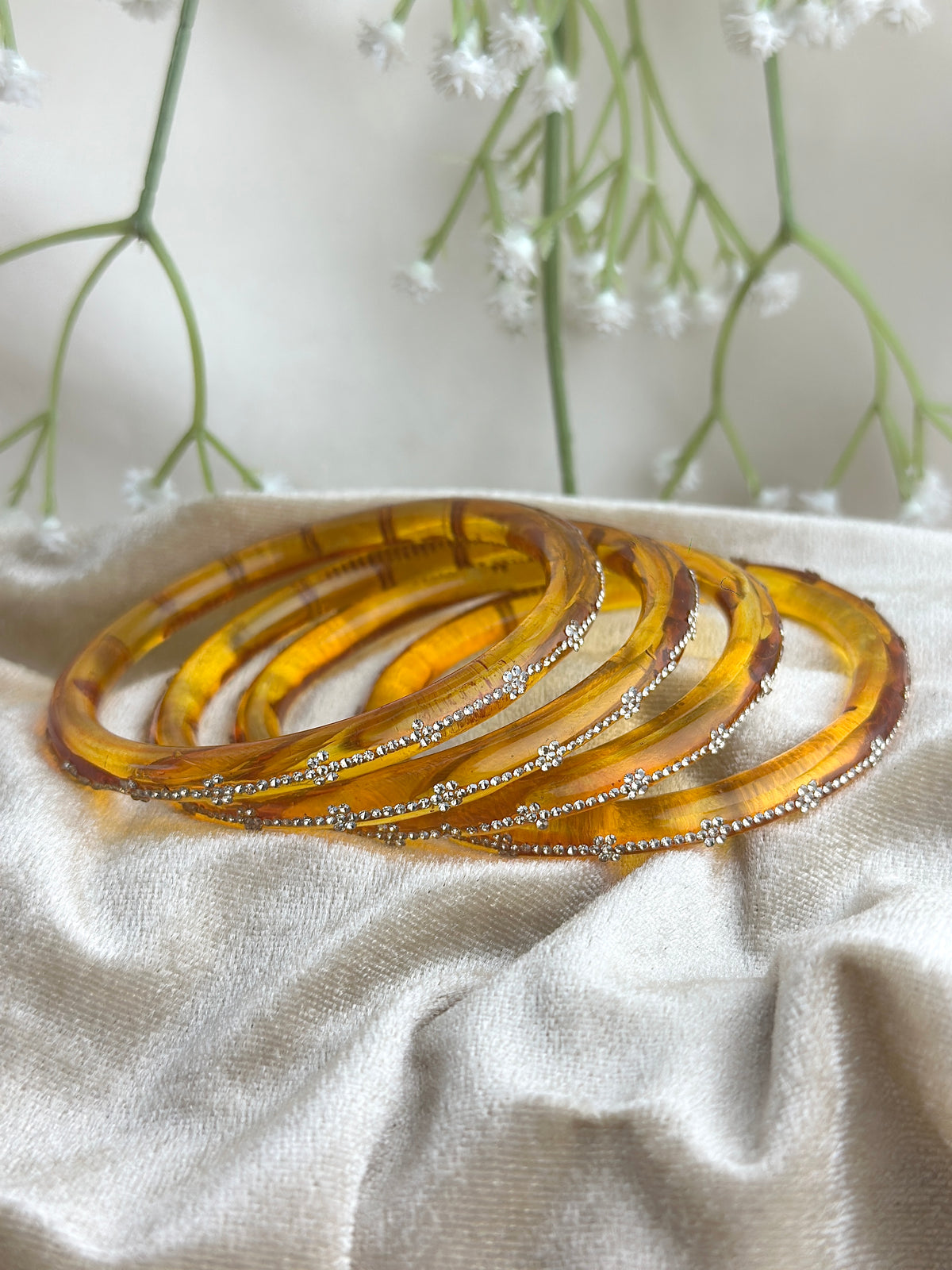 Glass Bangle Set with Crystal Stone Work | Textured Striped Glass Bangles