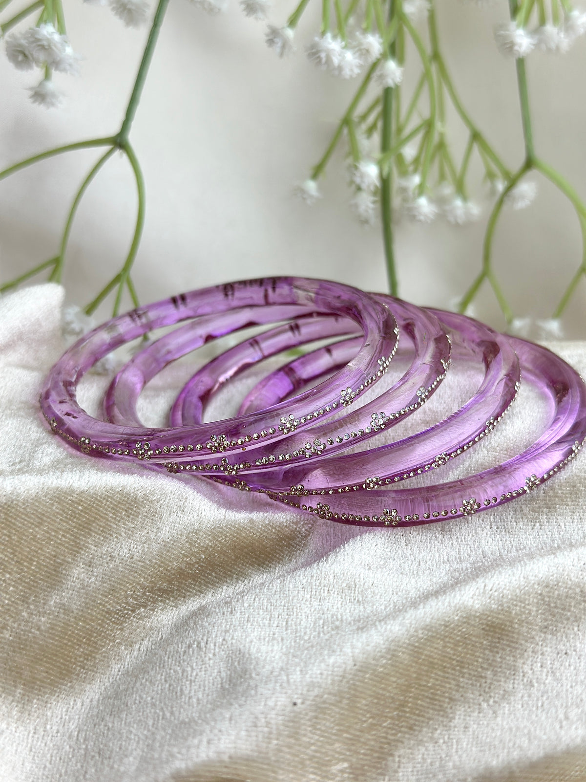 Glass Bangle Set with Crystal Stone Work | Textured Striped Glass Bangles