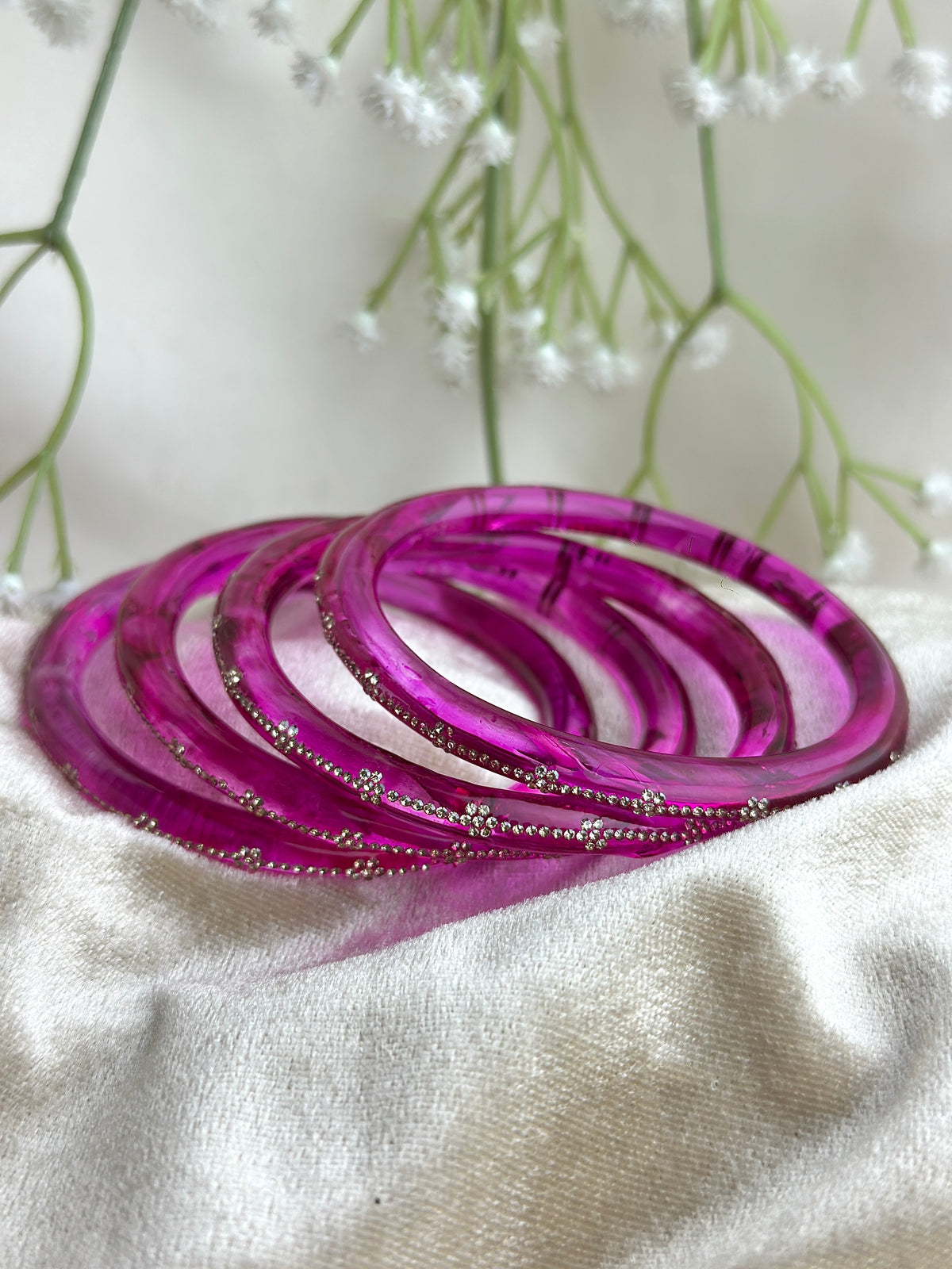 Glass Bangle Set with Crystal Stone Work | Textured Striped Glass Bangles