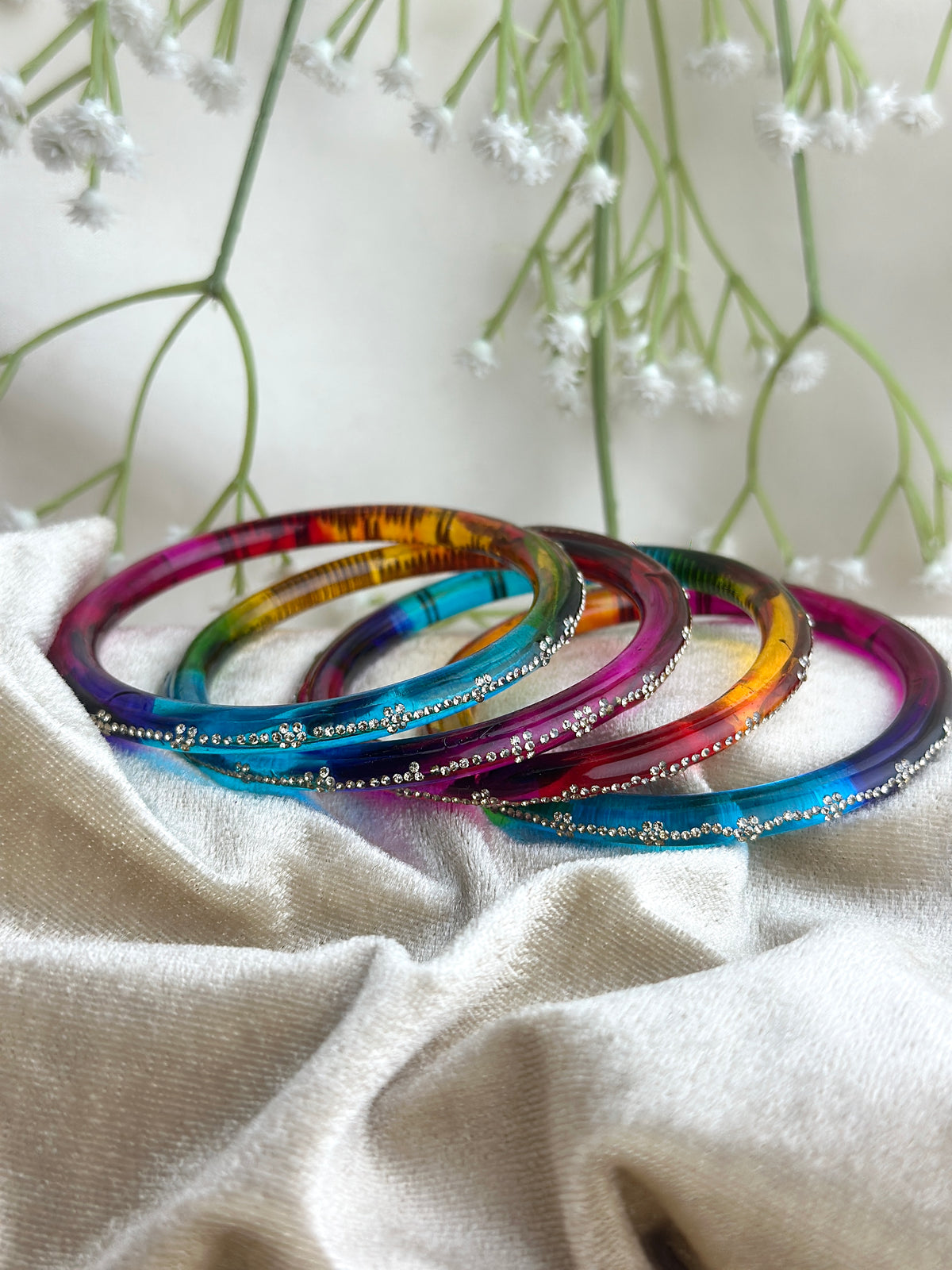 Glass Bangle Set with Crystal Stone Work | Textured Striped Glass Bangles