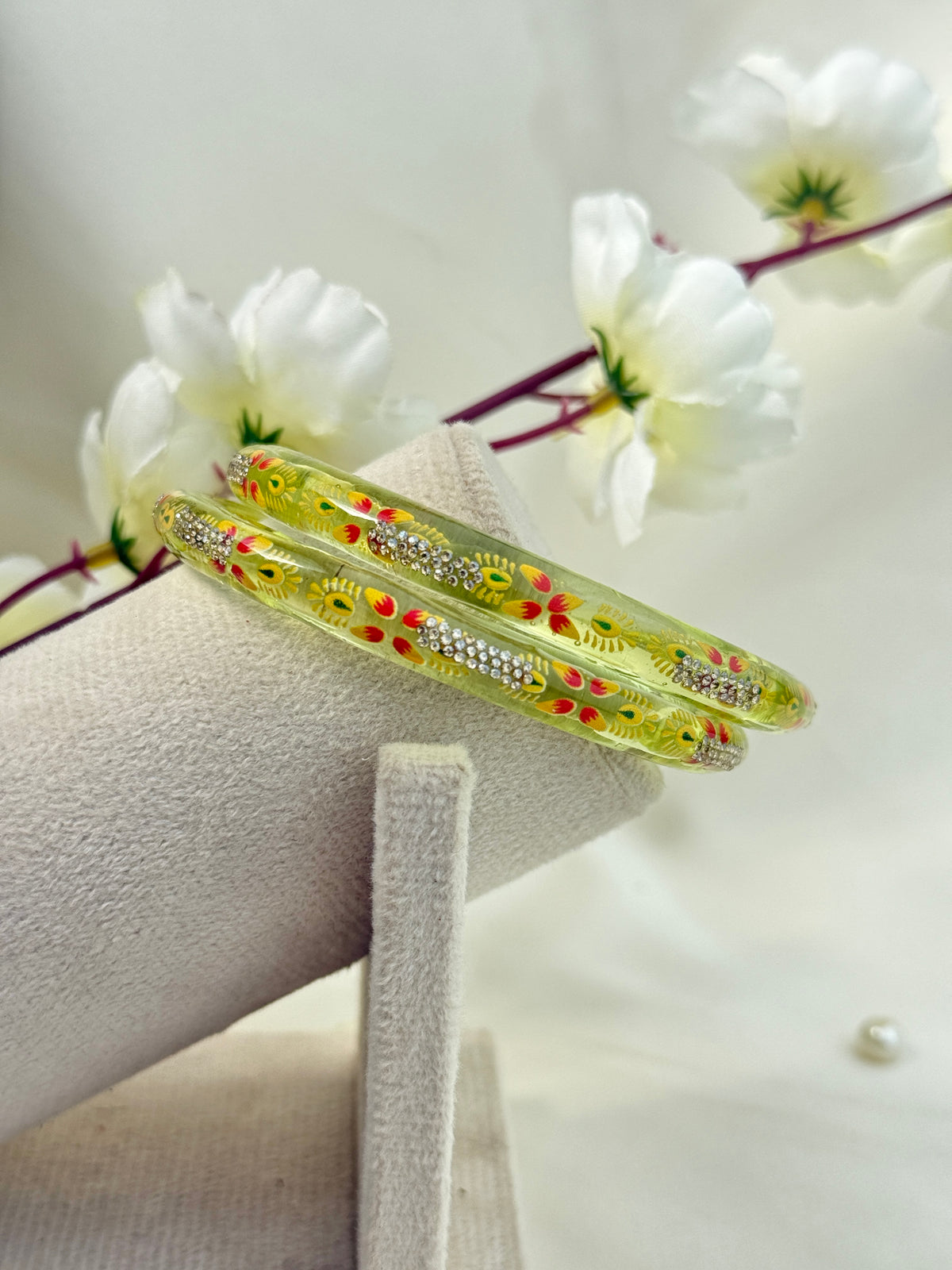 Hand-Painted Floral Glass Bangle with Crystal Stonework | Traditional Rajasthani Bangle