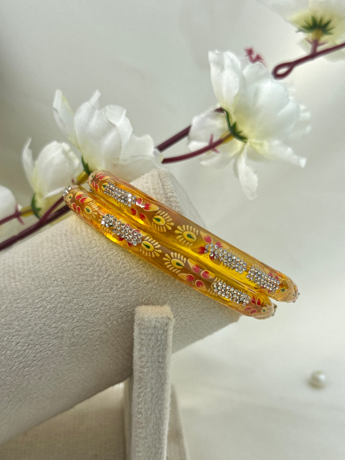 Hand-Painted Floral Glass Bangle with Crystal Stonework | Traditional Rajasthani Bangle