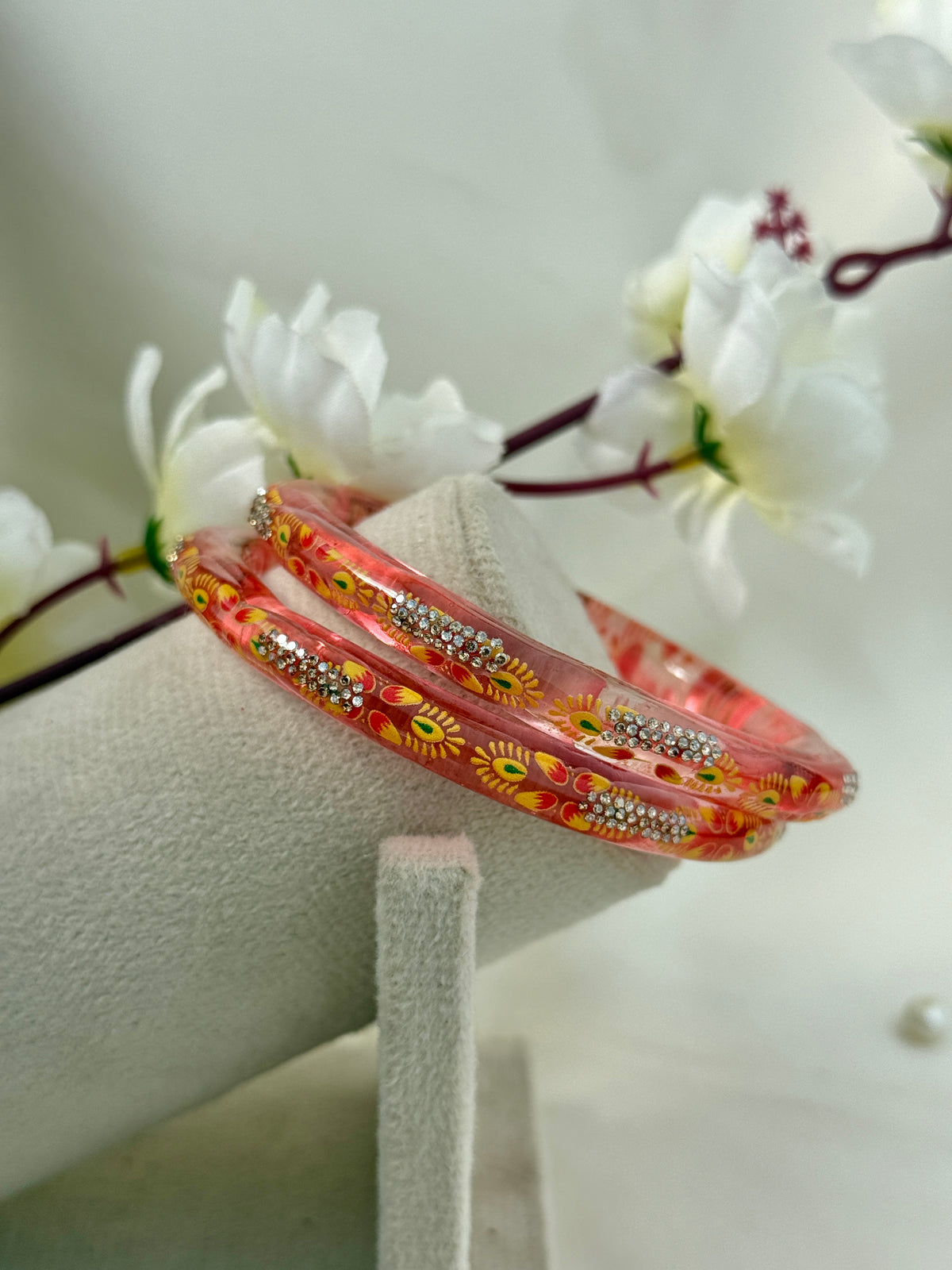 Hand-Painted Floral Glass Bangle with Crystal Stonework | Traditional Rajasthani Bangle
