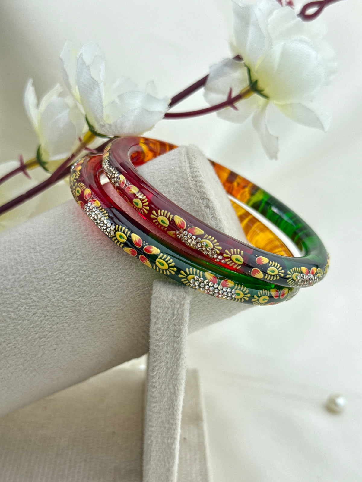 Hand-Painted Floral Glass Bangle with Crystal Stonework | Traditional Rajasthani Bangle
