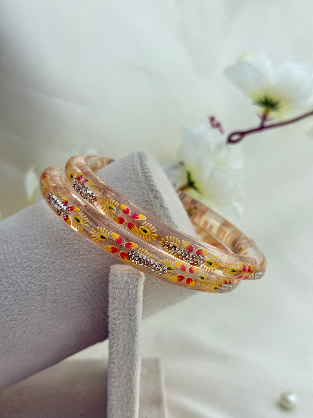 Hand-Painted Floral Glass Bangle with Crystal Stonework | Traditional Rajasthani Bangle
