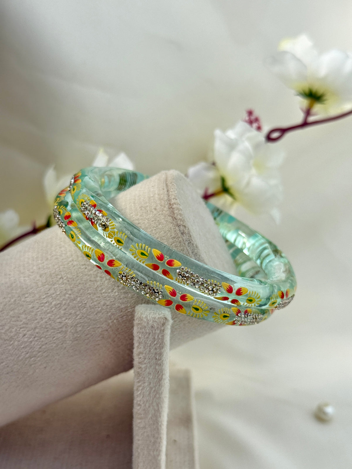 Hand-Painted Floral Glass Bangle with Crystal Stonework | Traditional Rajasthani Bangle