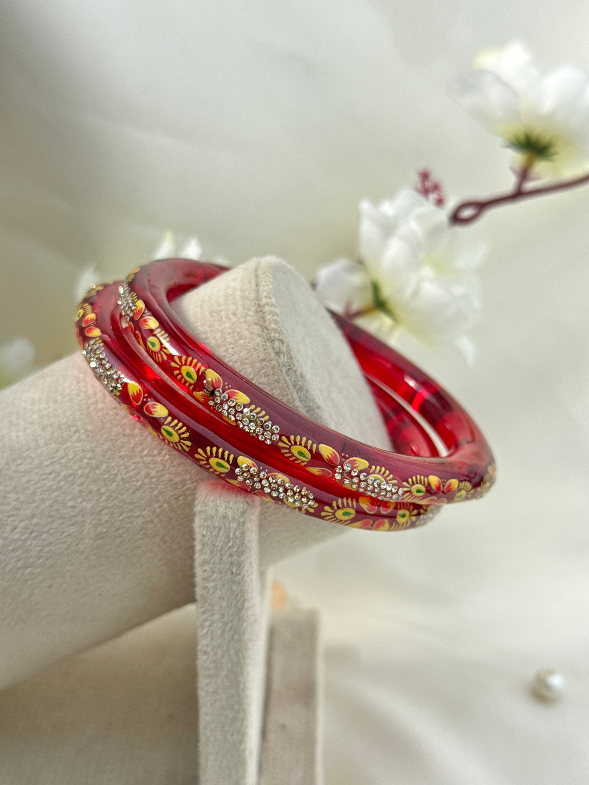 Hand-Painted Floral Glass Bangle with Crystal Stonework | Traditional Rajasthani Bangle