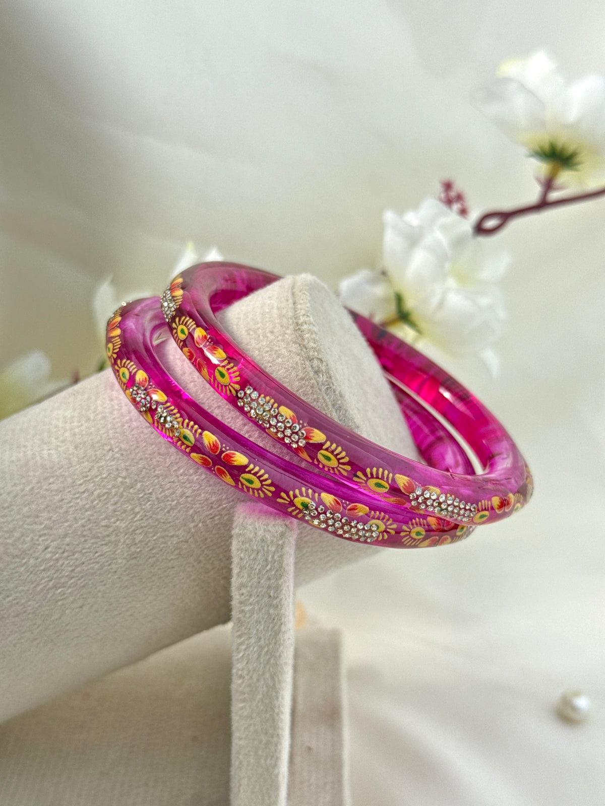 Hand-Painted Floral Glass Bangle with Crystal Stonework | Traditional Rajasthani Bangle