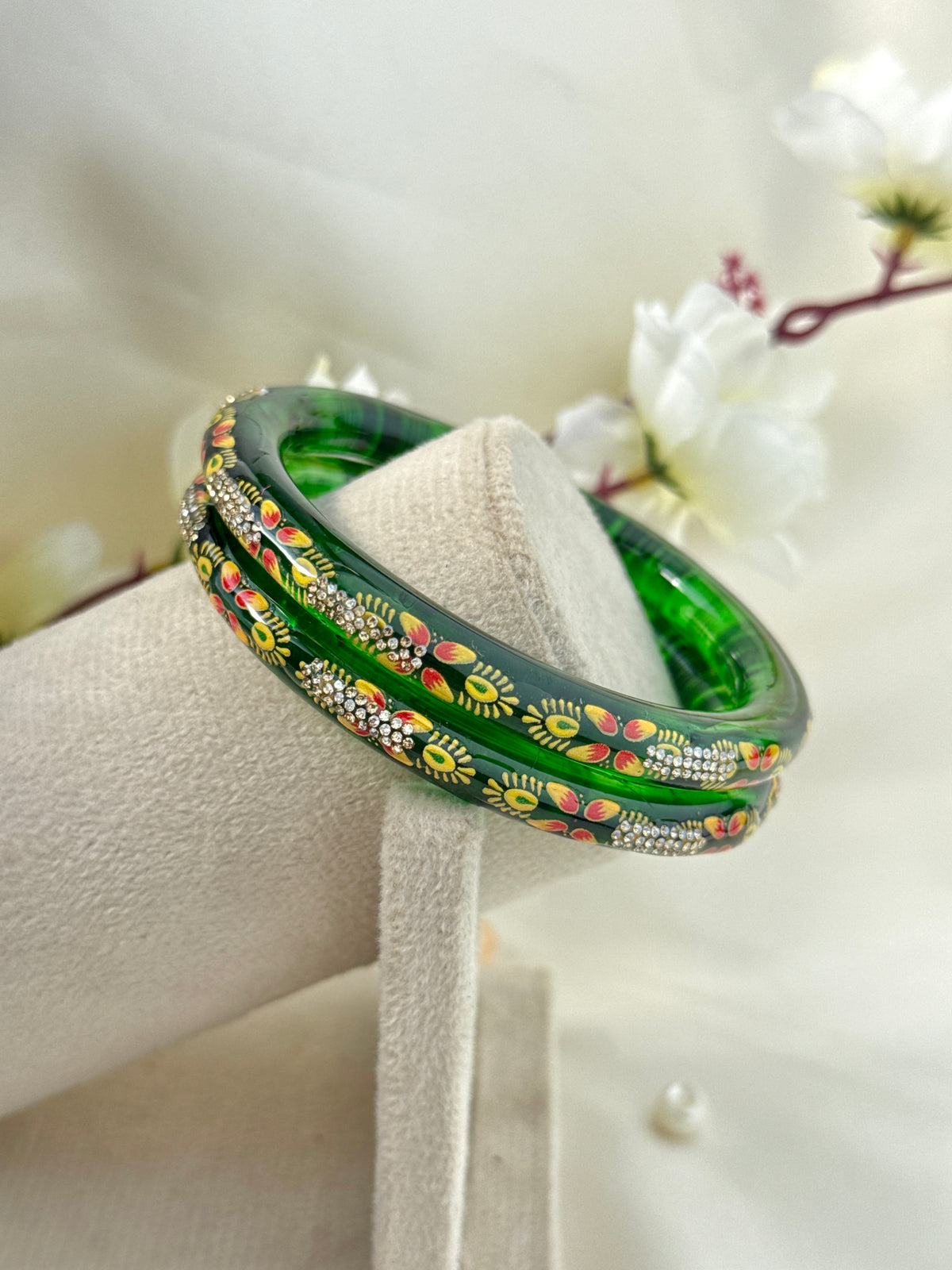 Hand-Painted Floral Glass Bangle with Crystal Stonework | Traditional Rajasthani Bangle