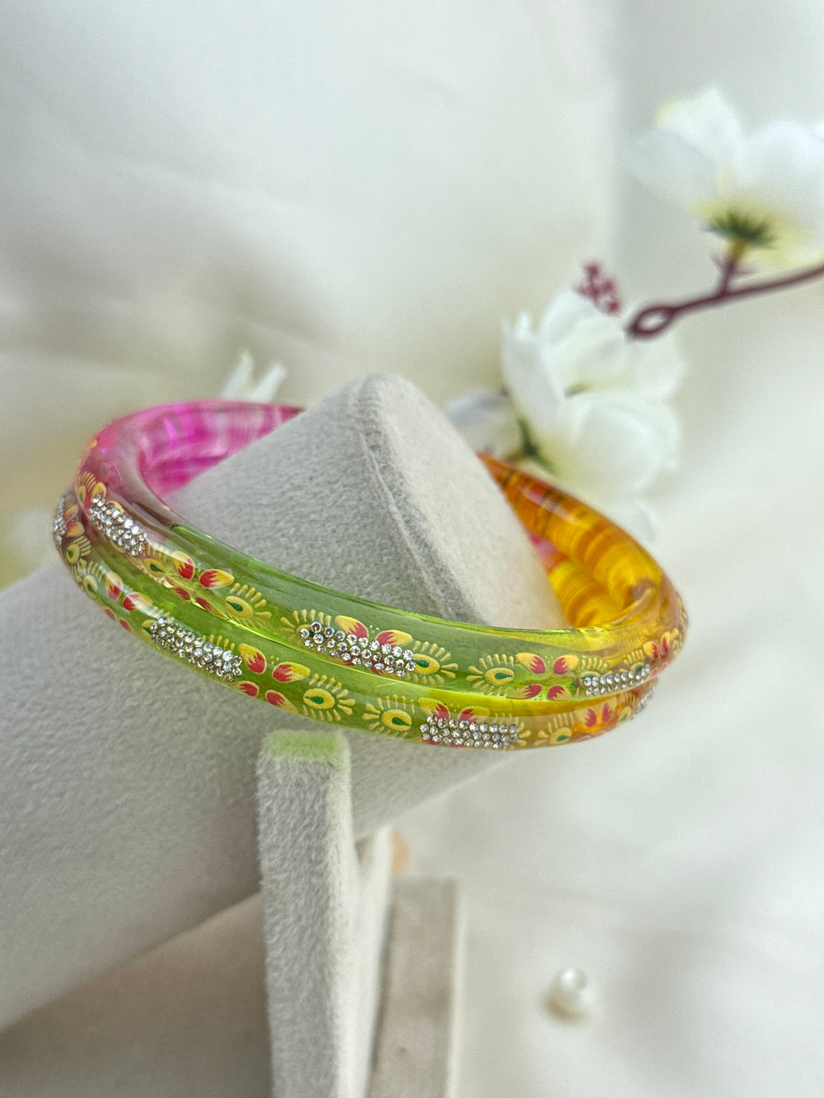 Hand-Painted Floral Glass Bangle with Crystal Stonework | Traditional Rajasthani Bangle