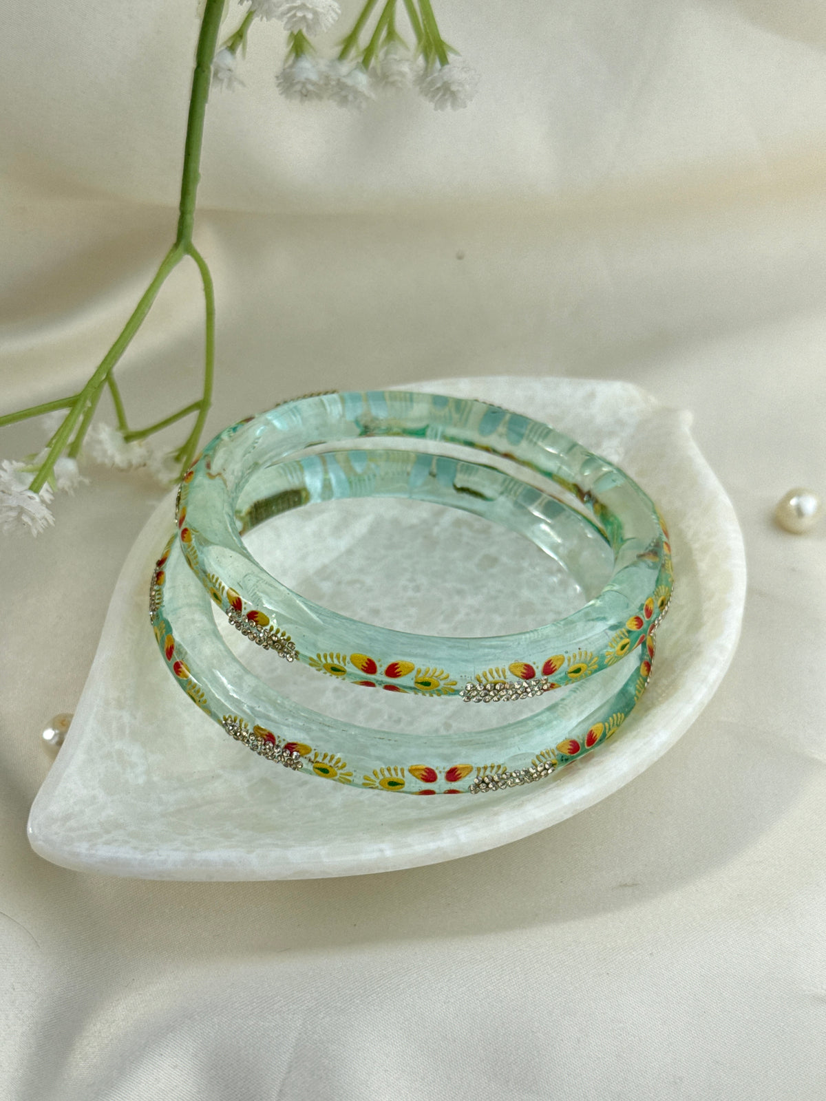 Hand-Painted Floral Glass Bangle with Crystal Stonework | Traditional Rajasthani Bangle