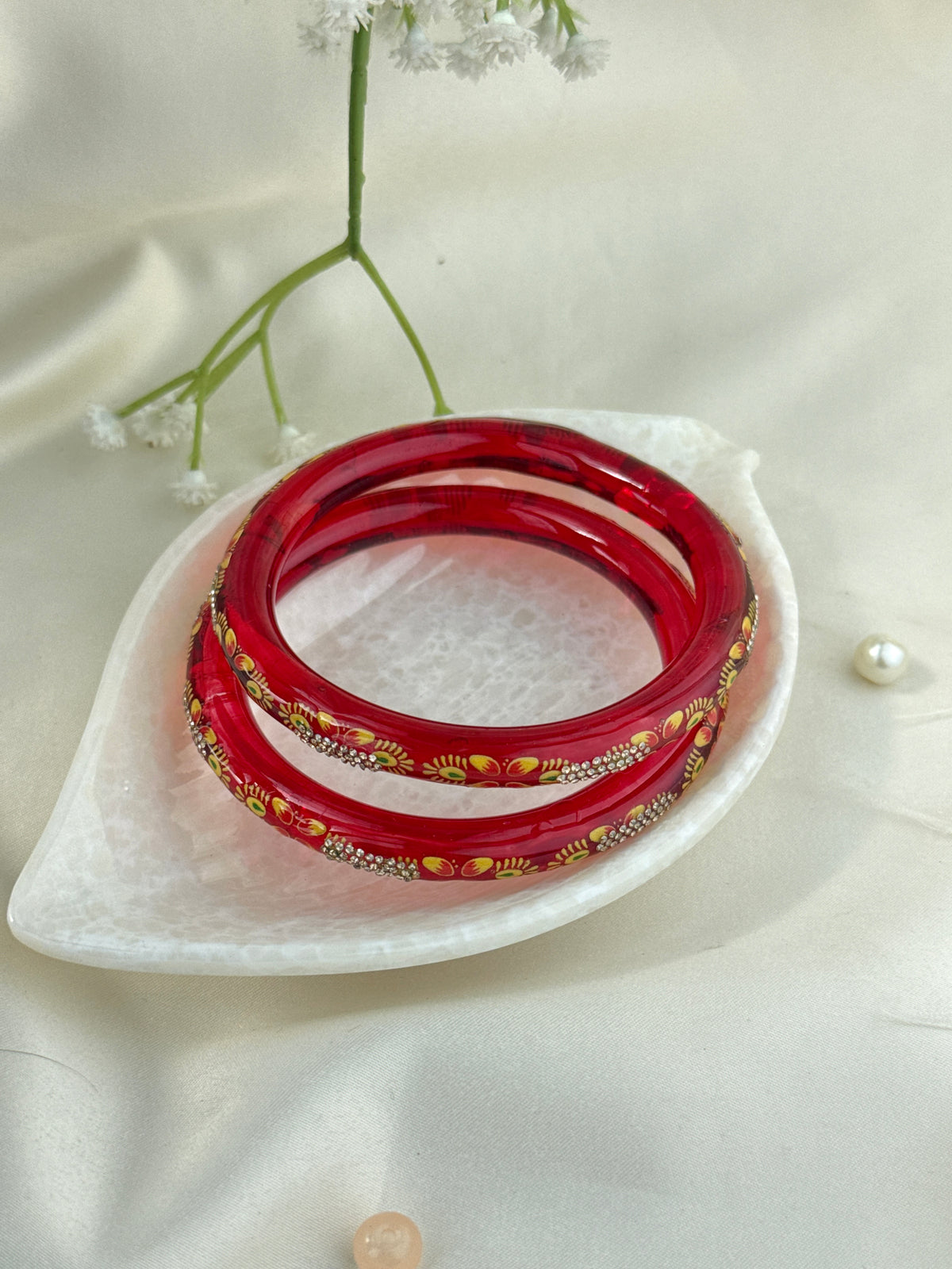 Hand-Painted Floral Glass Bangle with Crystal Stonework | Traditional Rajasthani Bangle
