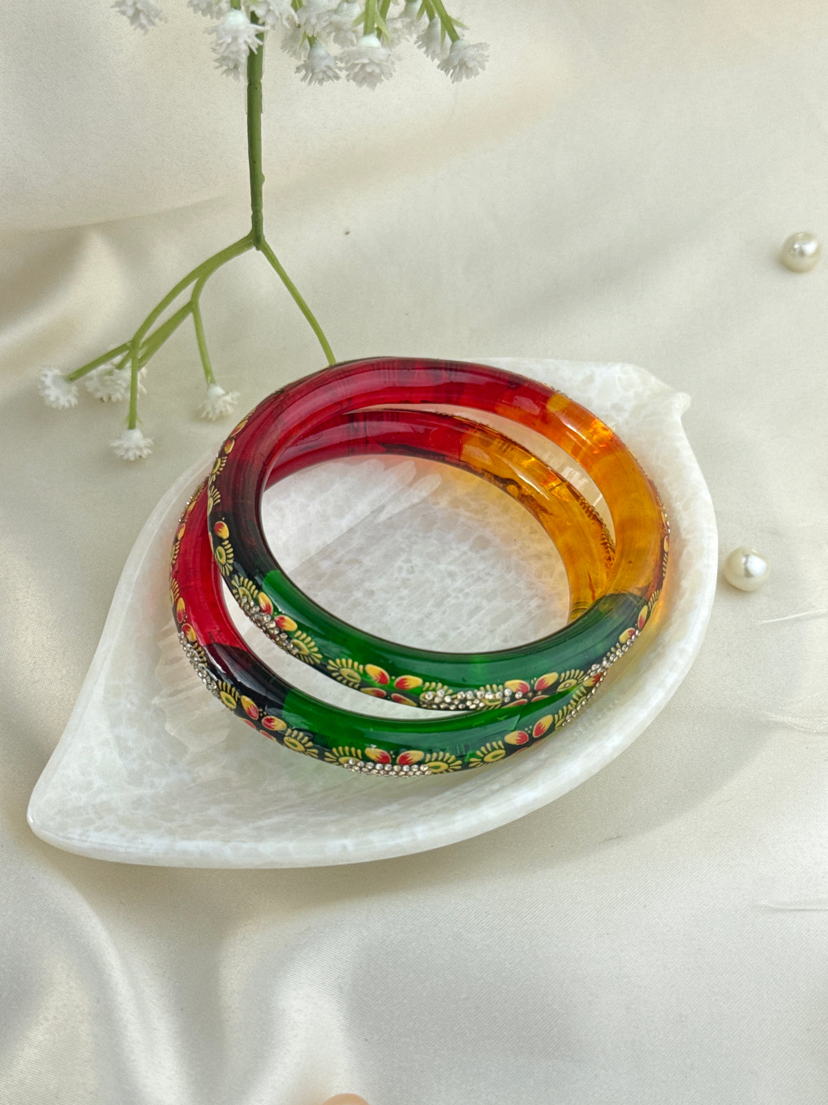 Hand-Painted Floral Glass Bangle with Crystal Stonework | Traditional Rajasthani Bangle