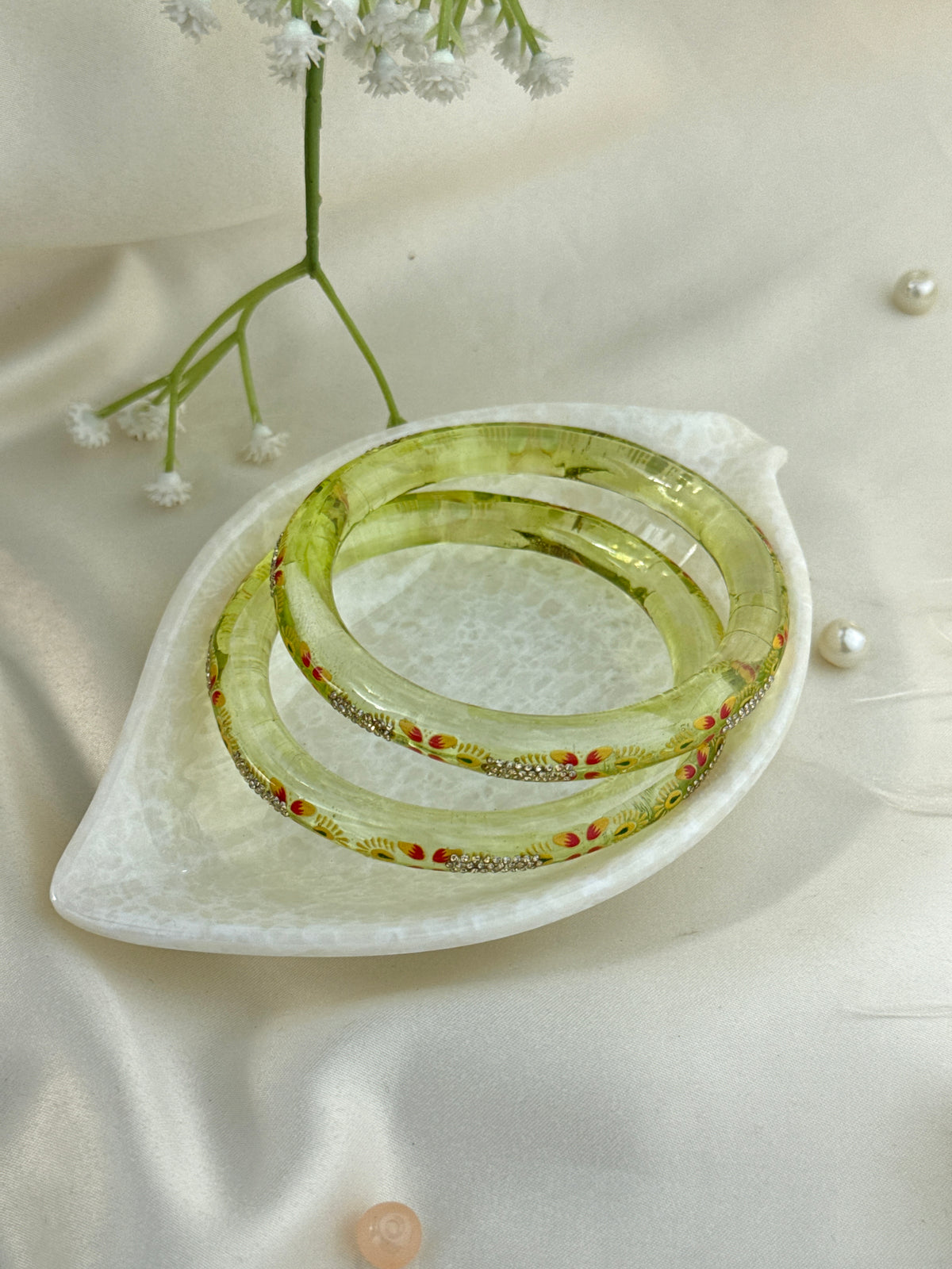 Hand-Painted Floral Glass Bangle with Crystal Stonework | Traditional Rajasthani Bangle