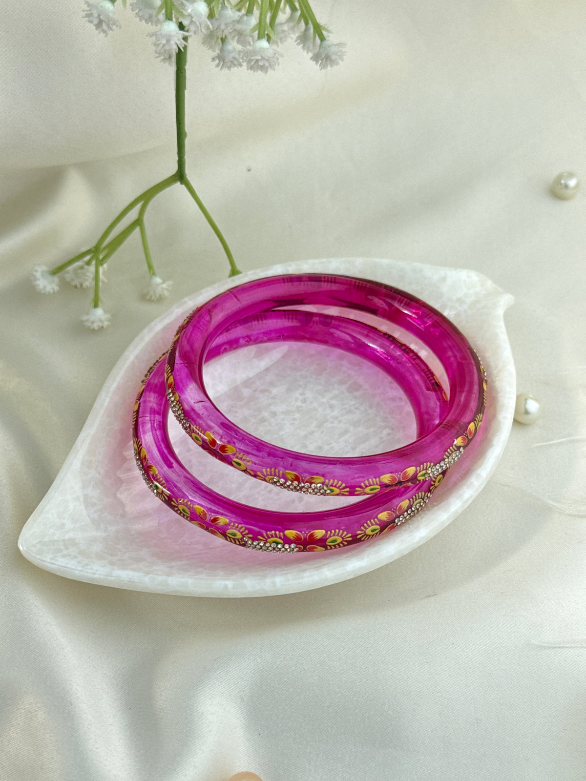 Hand-Painted Floral Glass Bangle with Crystal Stonework | Traditional Rajasthani Bangle