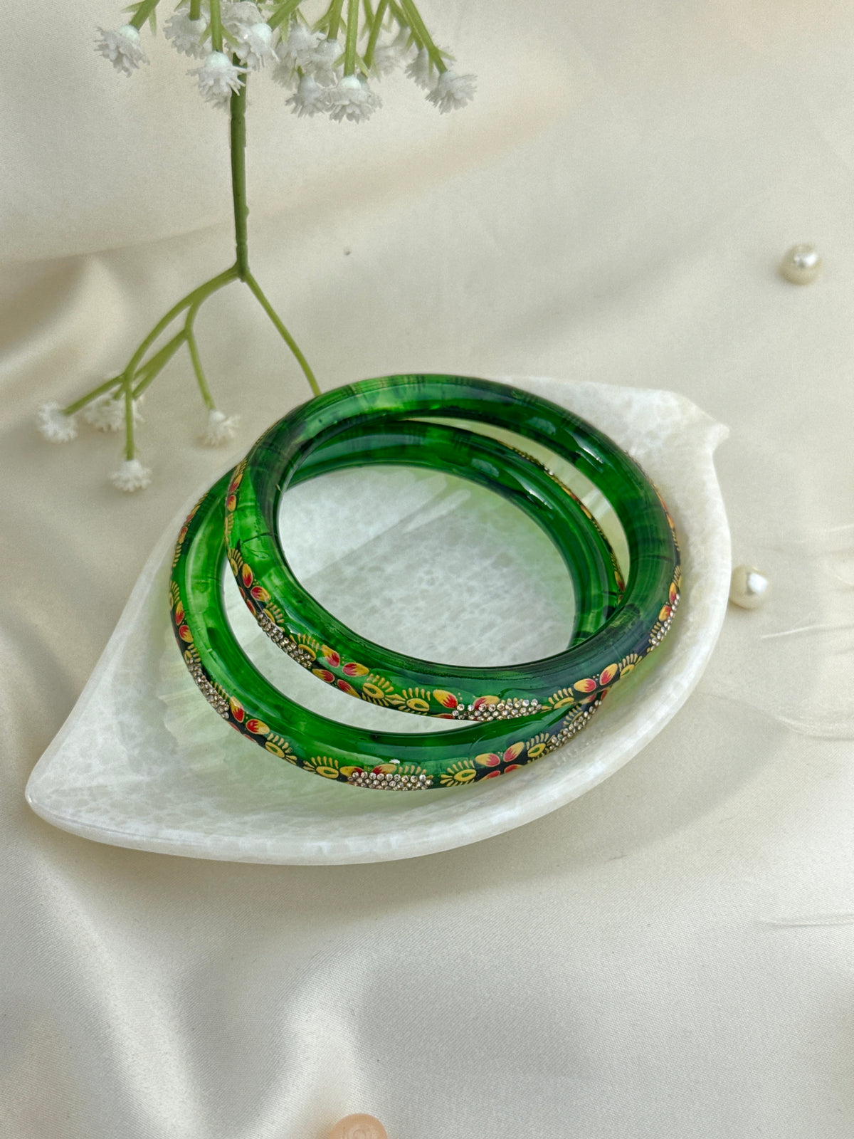 Hand-Painted Floral Glass Bangle with Crystal Stonework | Traditional Rajasthani Bangle