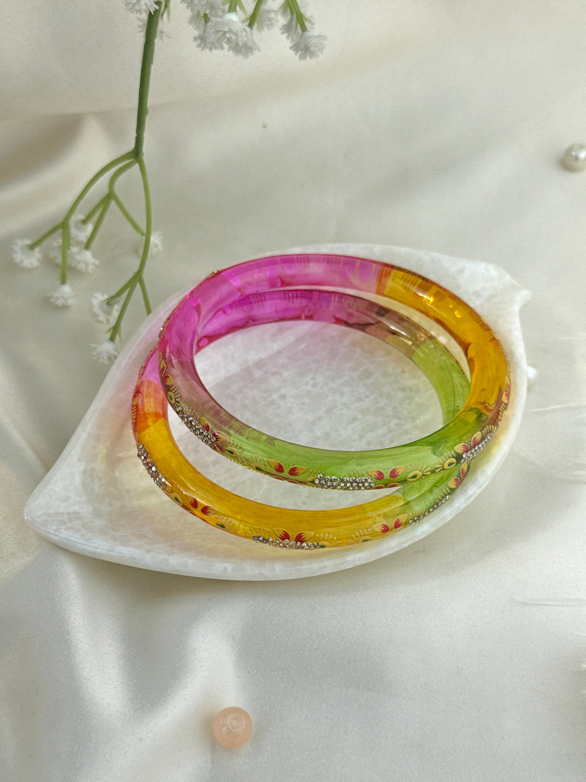 Hand-Painted Floral Glass Bangle with Crystal Stonework | Traditional Rajasthani Bangle