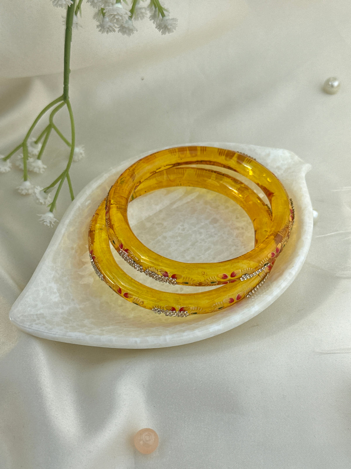 Hand-Painted Floral Glass Bangle with Crystal Stonework | Traditional Rajasthani Bangle