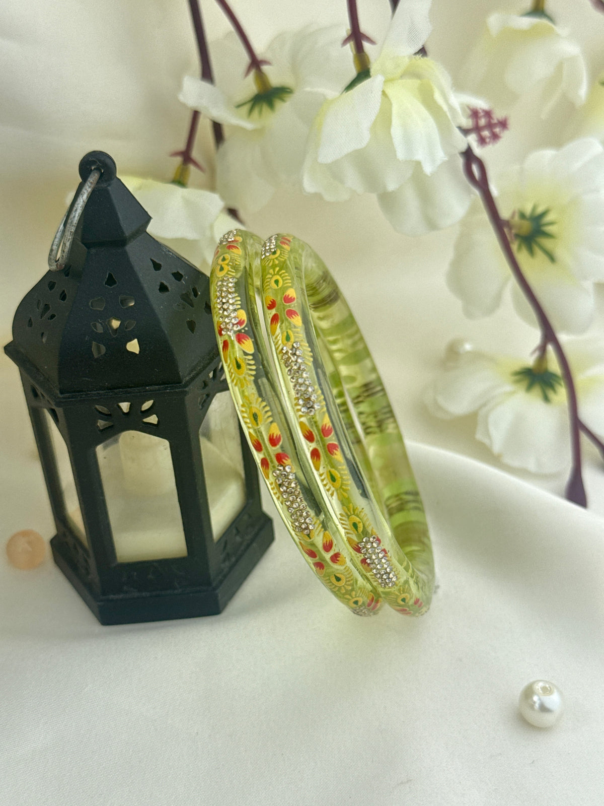 Hand-Painted Floral Glass Bangle with Crystal Stonework | Traditional Rajasthani Bangle