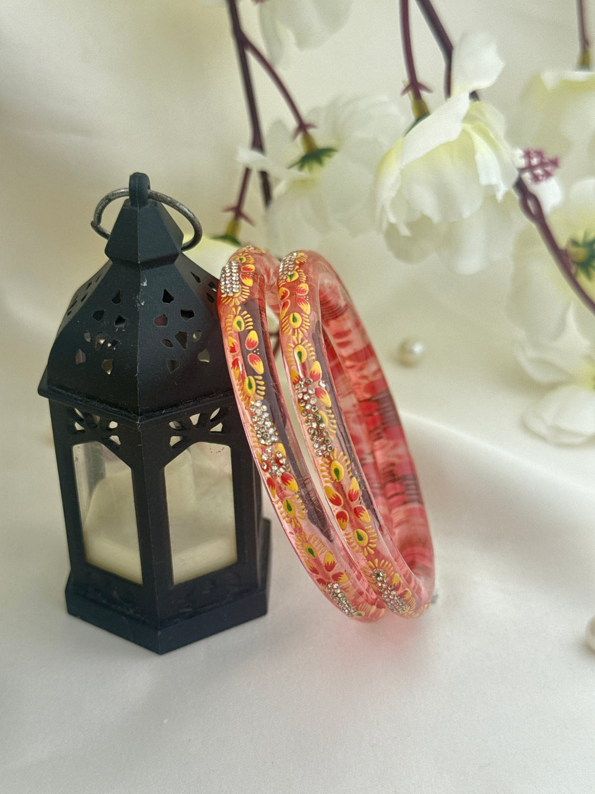 Hand-Painted Floral Glass Bangle with Crystal Stonework | Traditional Rajasthani Bangle