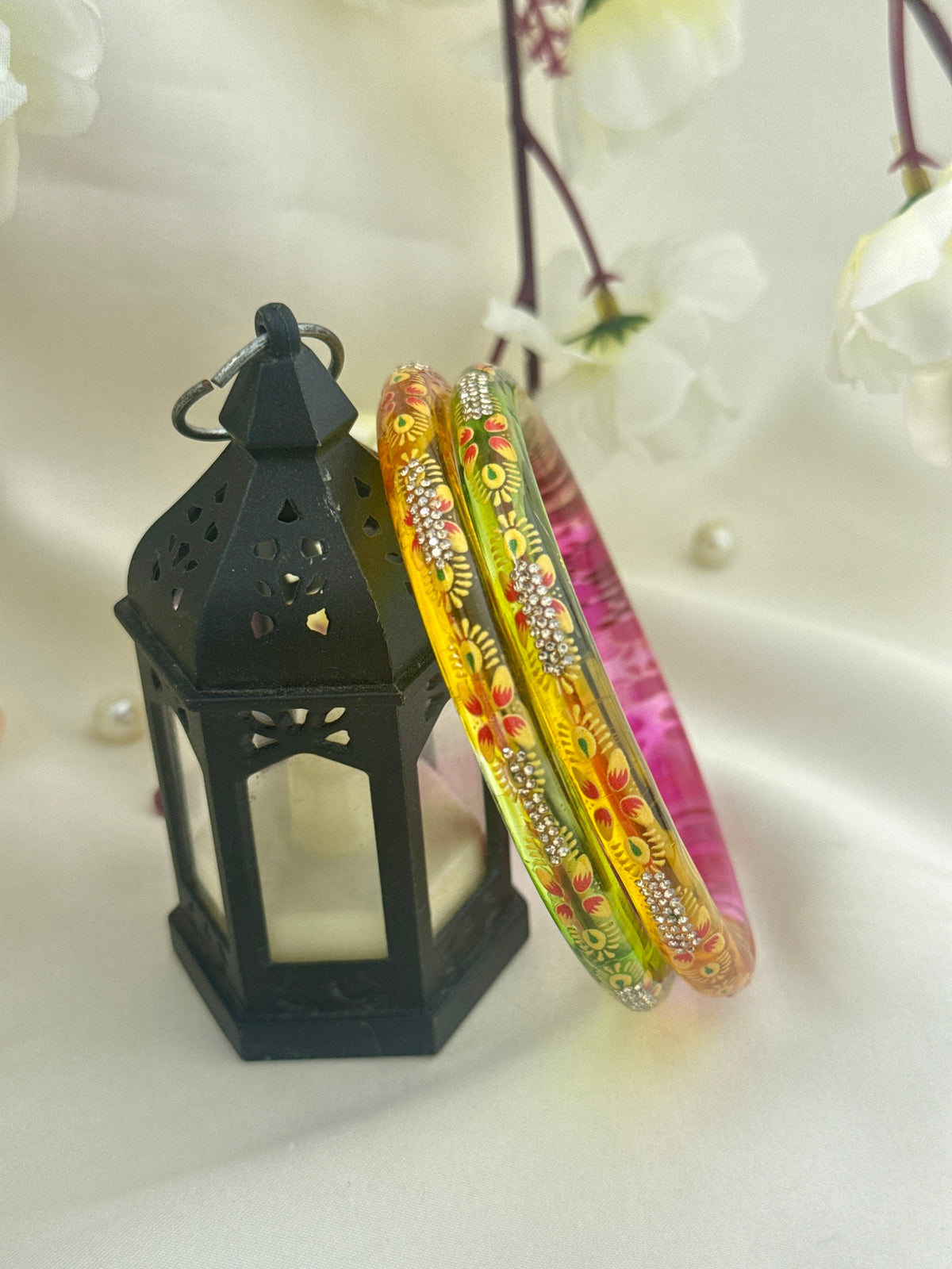 Hand-Painted Floral Glass Bangle with Crystal Stonework | Traditional Rajasthani Bangle