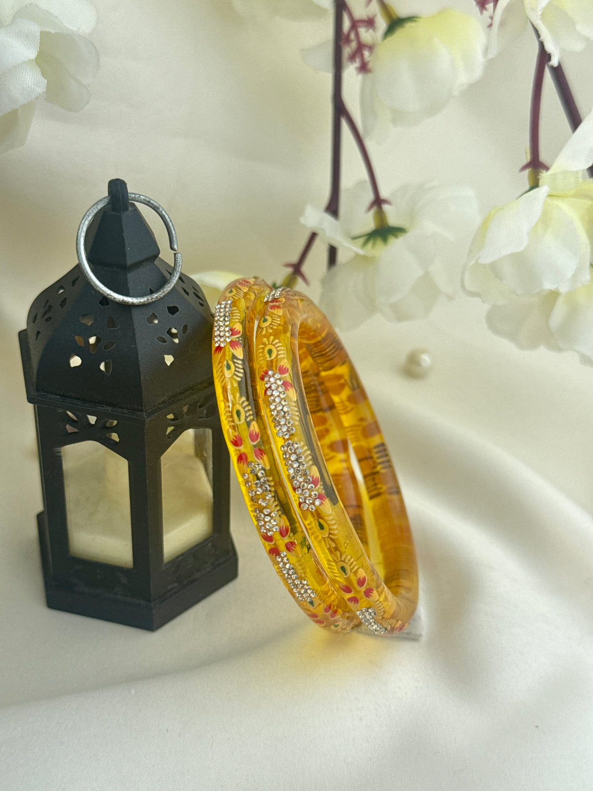Hand-Painted Floral Glass Bangle with Crystal Stonework | Traditional Rajasthani Bangle