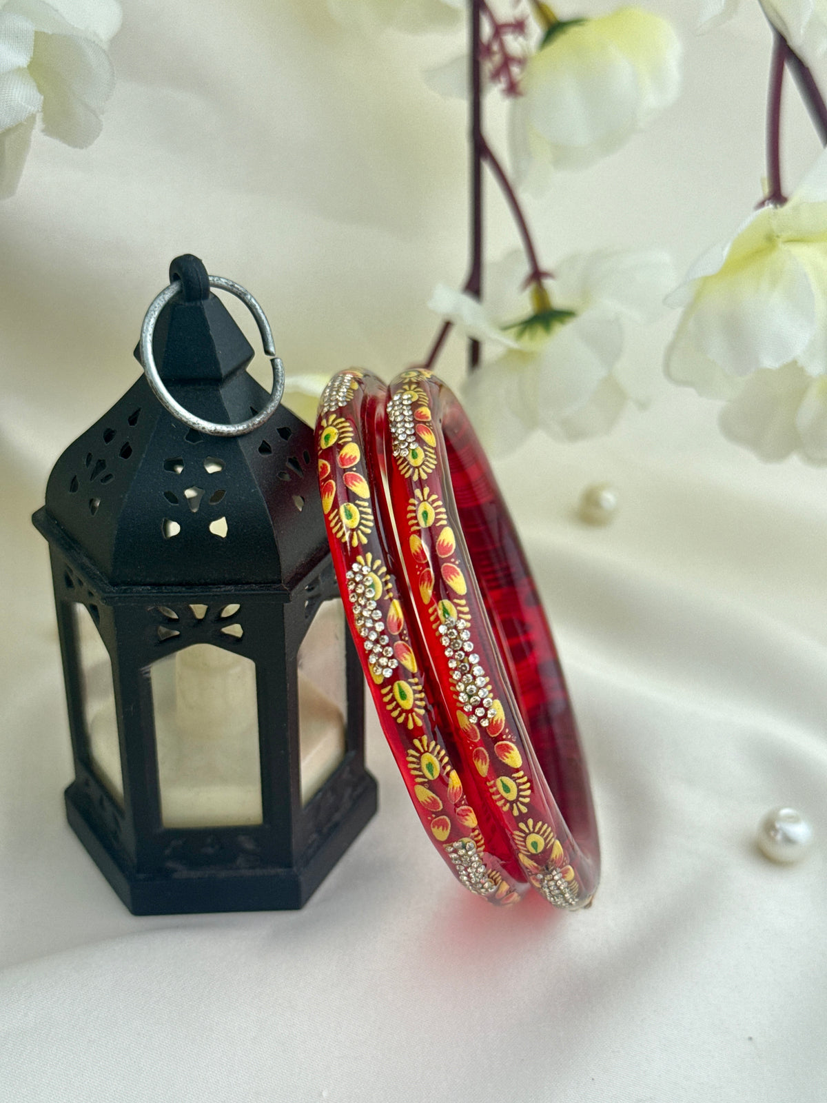 Hand-Painted Floral Glass Bangle with Crystal Stonework | Traditional Rajasthani Bangle