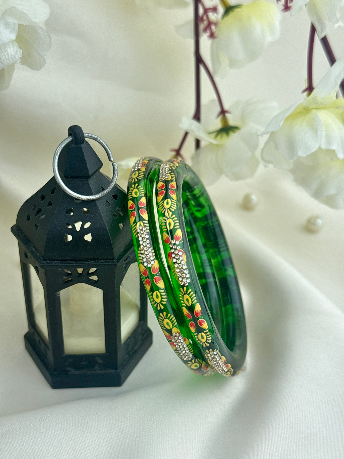 Hand-Painted Floral Glass Bangle with Crystal Stonework | Traditional Rajasthani Bangle