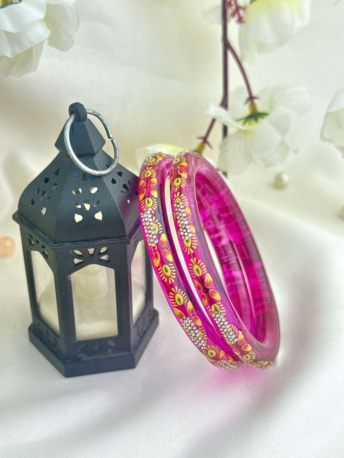 Hand-Painted Floral Glass Bangle with Crystal Stonework | Traditional Rajasthani Bangle